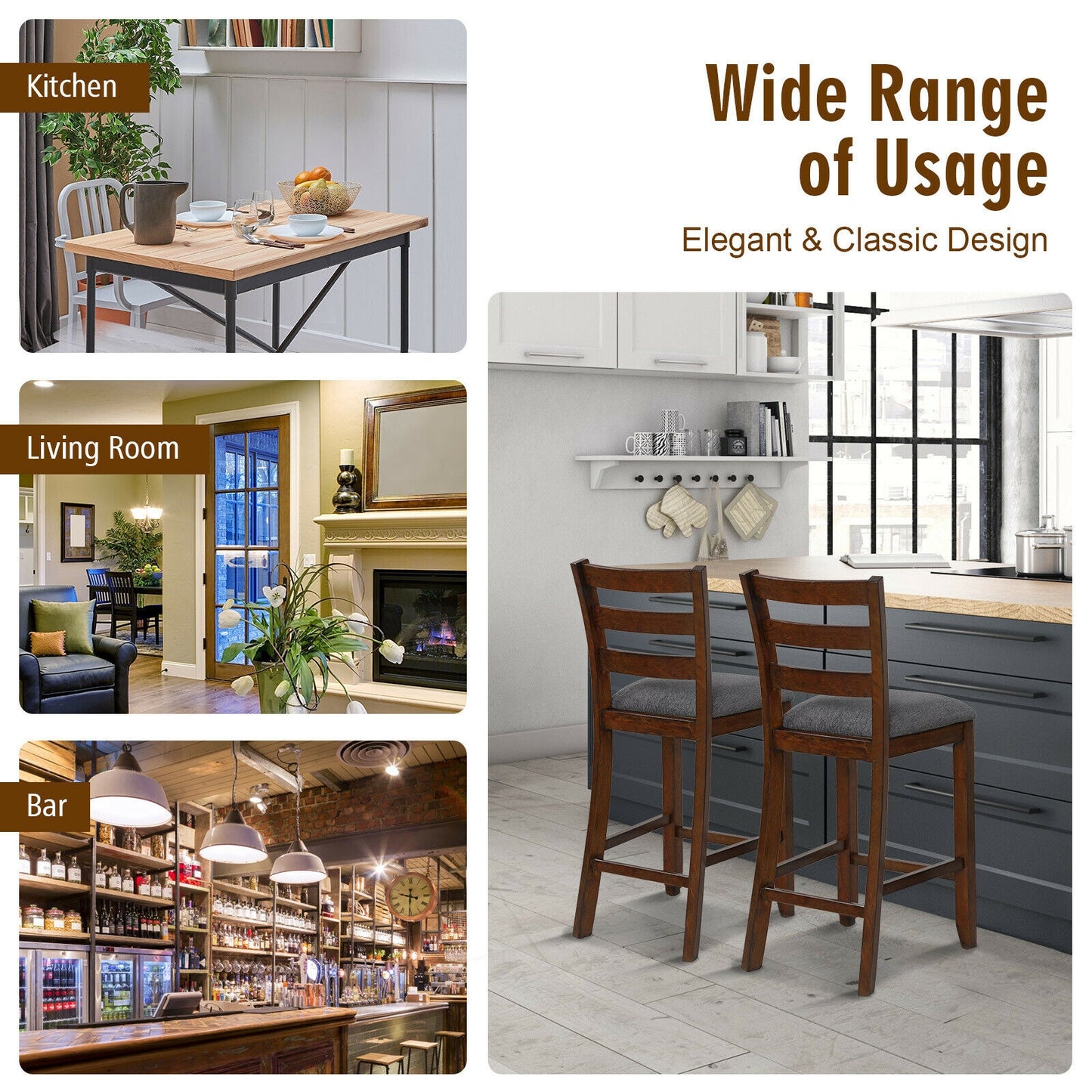 Set of 2 Stylish Counter Height Chairs with Soft Fabric Upholstery and Solid Rubberwood Frames