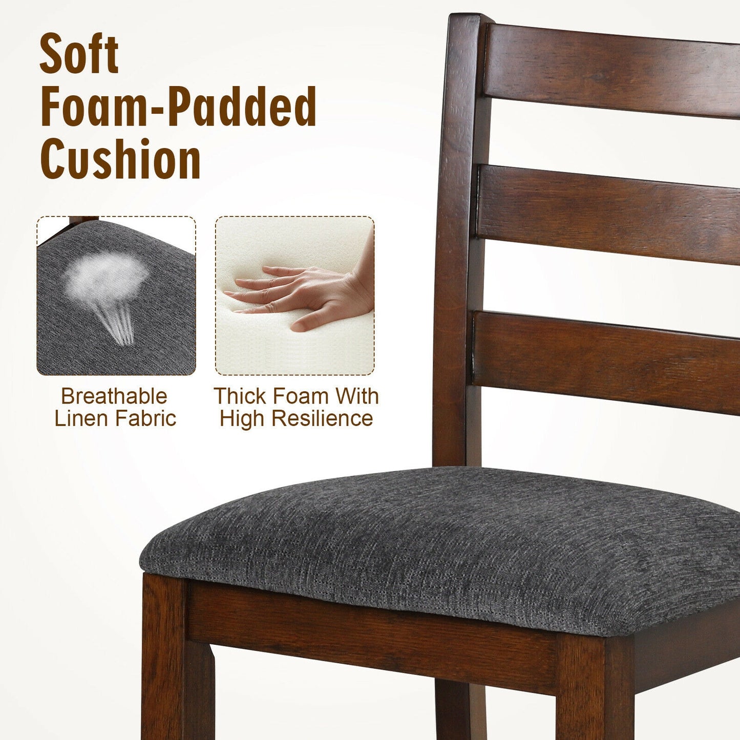 Set of 2 Stylish Counter Height Chairs with Soft Fabric Upholstery and Solid Rubberwood Frames