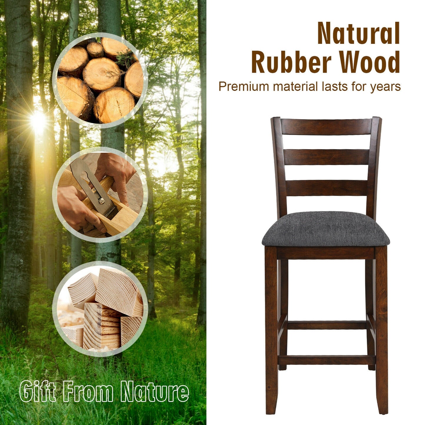 Set of 2 Stylish Counter Height Chairs with Soft Fabric Upholstery and Solid Rubberwood Frames