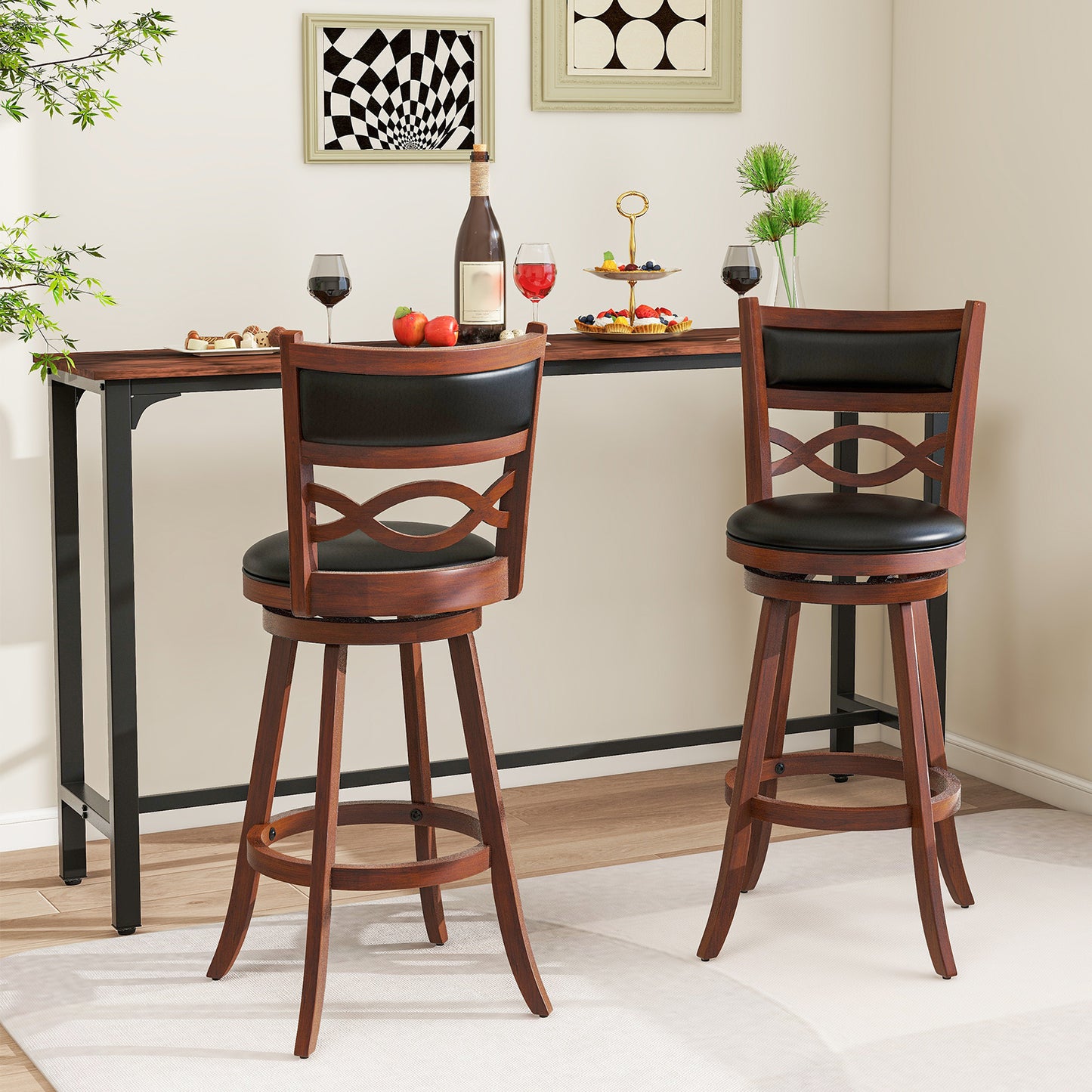 Set of 2 Bar Stools with Rubber Wood Frame and Faux Leather Upholstered Seat - 29.5 Inch Height