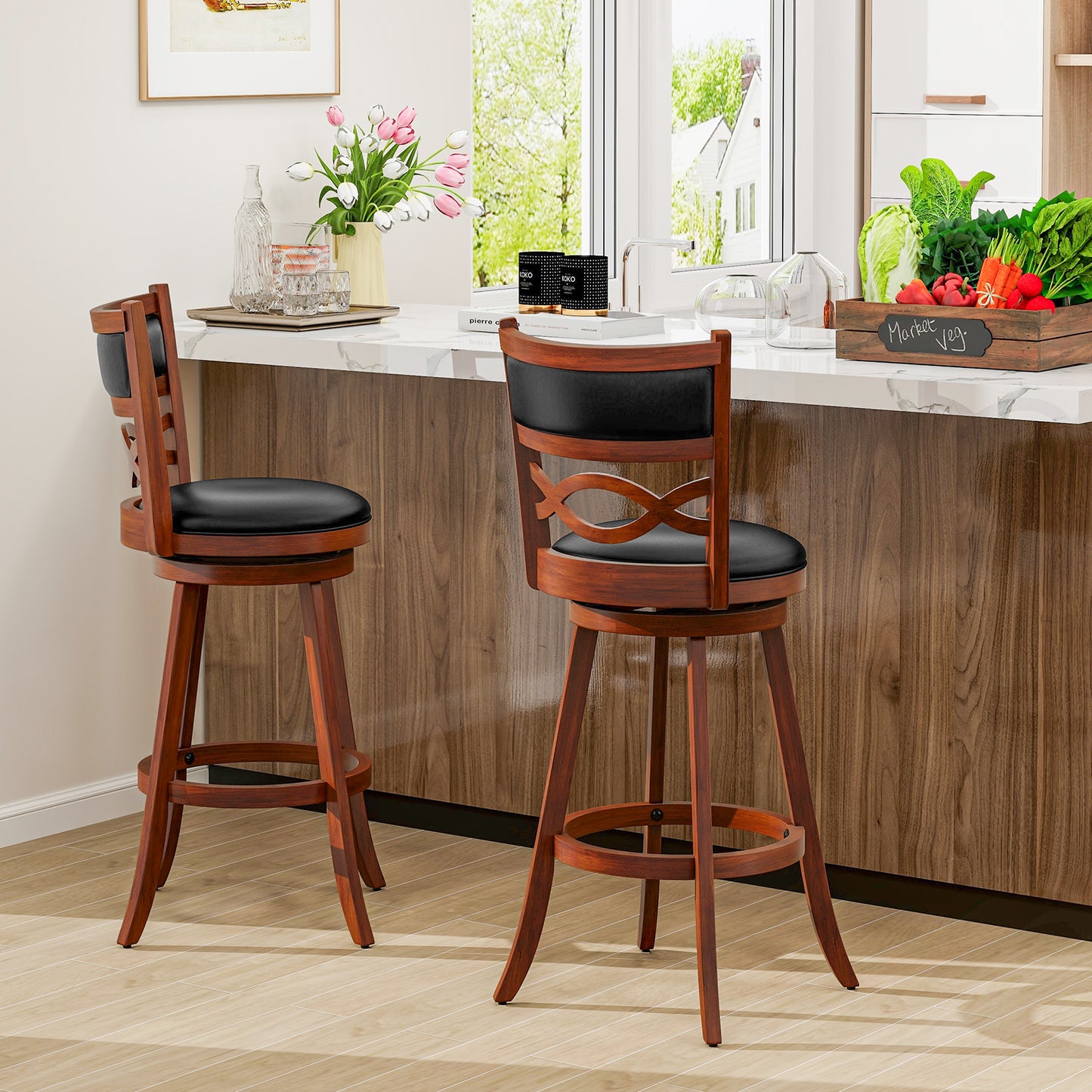 Set of 2 Bar Stools with Rubber Wood Frame and Faux Leather Upholstered Seat - 29.5 Inch Height