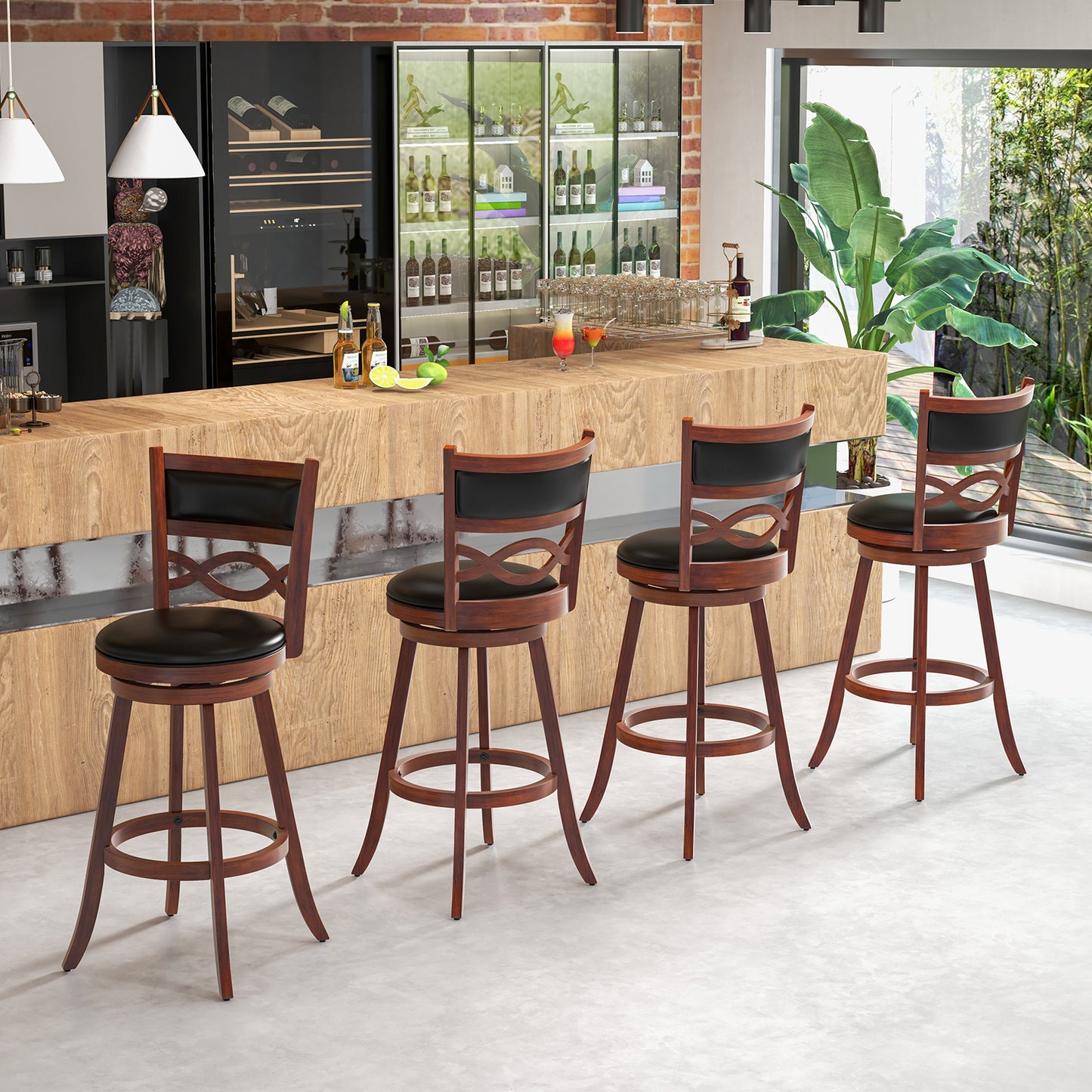 Set of 2 Bar Stools with Rubber Wood Frame and Faux Leather Upholstered Seat - 29.5 Inch Height
