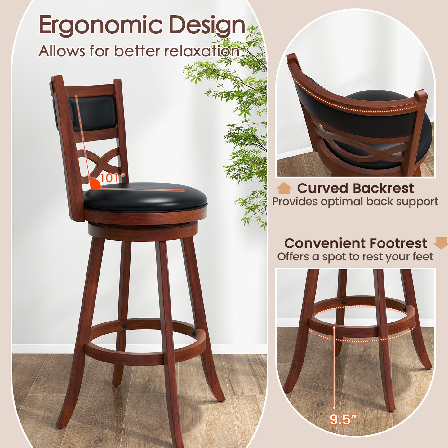Set of 2 Bar Stools with Rubber Wood Frame and Faux Leather Upholstered Seat - 29.5 Inch Height