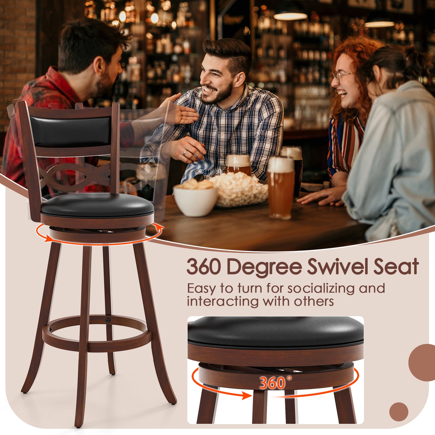 Set of 2 Bar Stools with Rubber Wood Frame and Faux Leather Upholstered Seat - 29.5 Inch Height