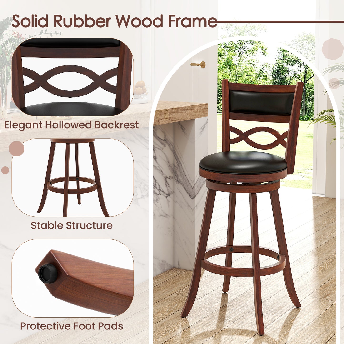 Set of 2 Bar Stools with Rubber Wood Frame and Faux Leather Upholstered Seat - 29.5 Inch Height