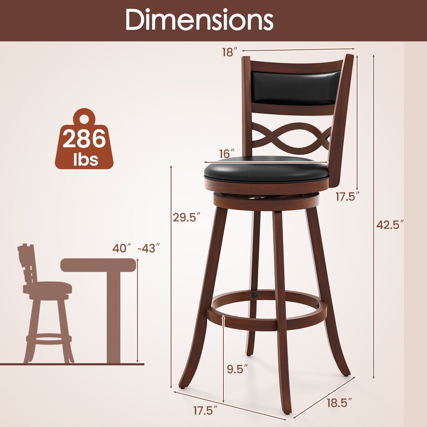 Set of 2 Bar Stools with Rubber Wood Frame and Faux Leather Upholstered Seat - 29.5 Inch Height