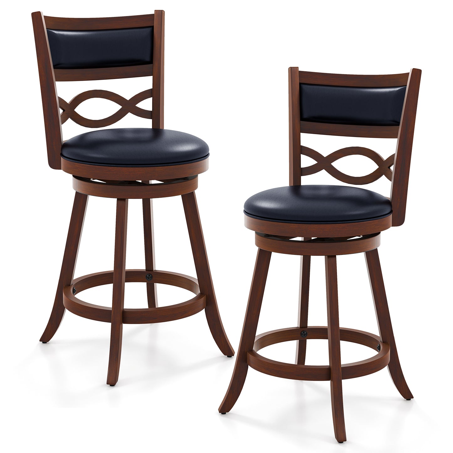 Set of 2 Bar Stools with Rubber Wood Frame and Faux Leather Upholstered Seat - 24.5 Inch Height
