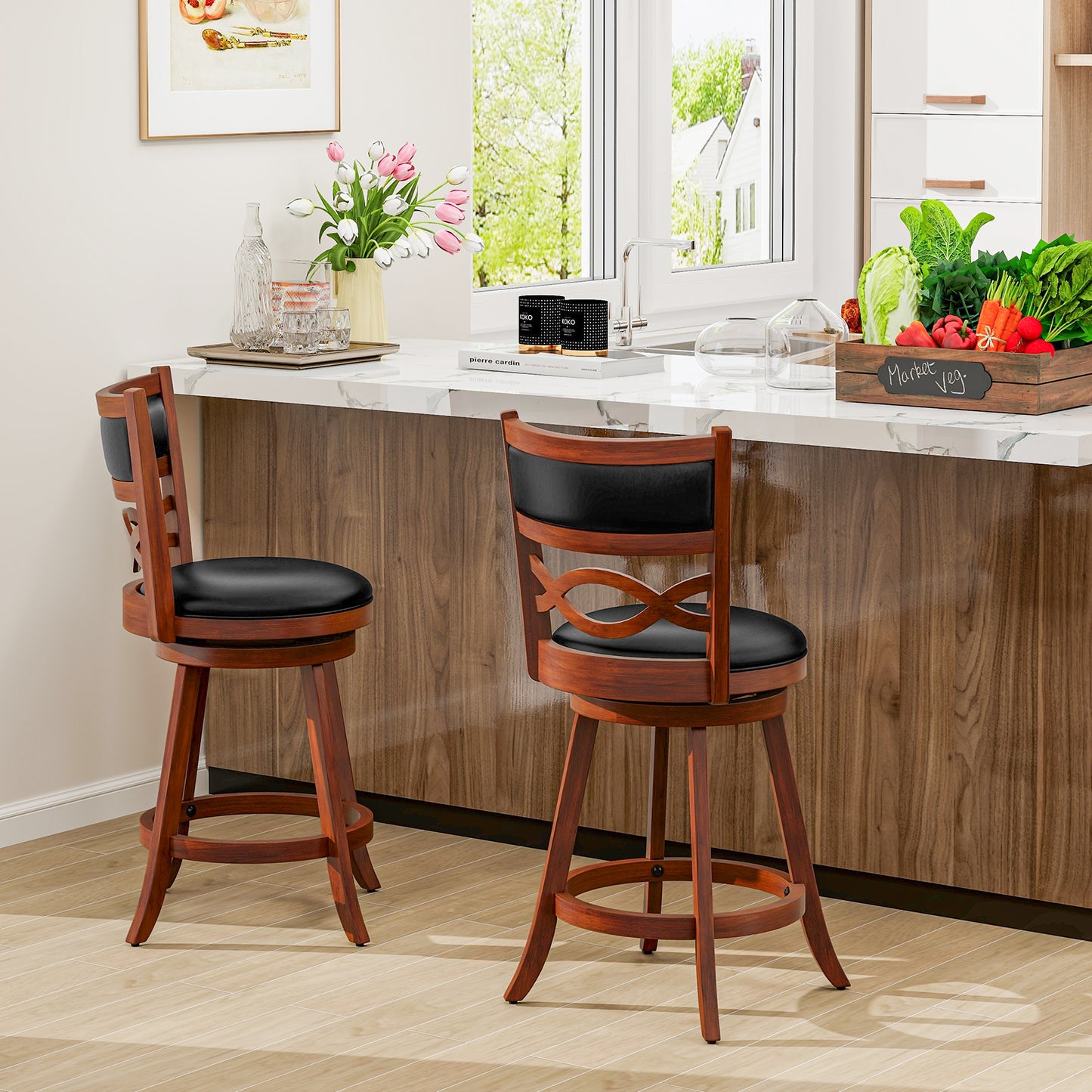 Set of 2 Bar Stools with Rubber Wood Frame and Faux Leather Upholstered Seat - 24.5 Inch Height