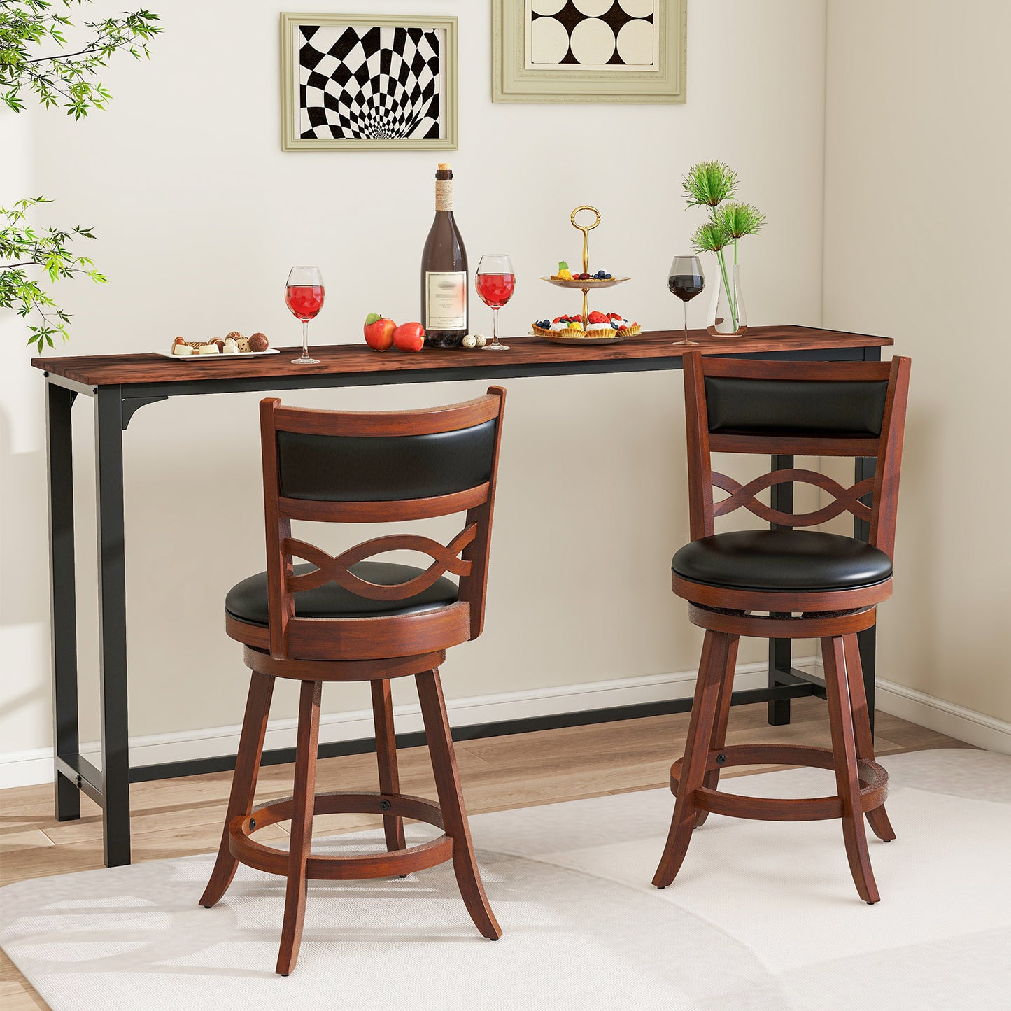 Set of 2 Bar Stools with Rubber Wood Frame and Faux Leather Upholstered Seat - 24.5 Inch Height