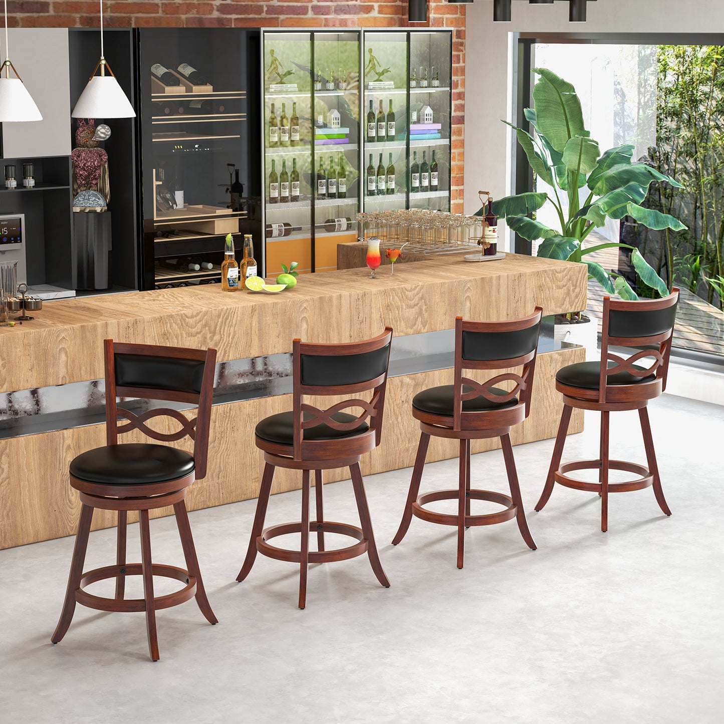 Set of 2 Bar Stools with Rubber Wood Frame and Faux Leather Upholstered Seat - 24.5 Inch Height