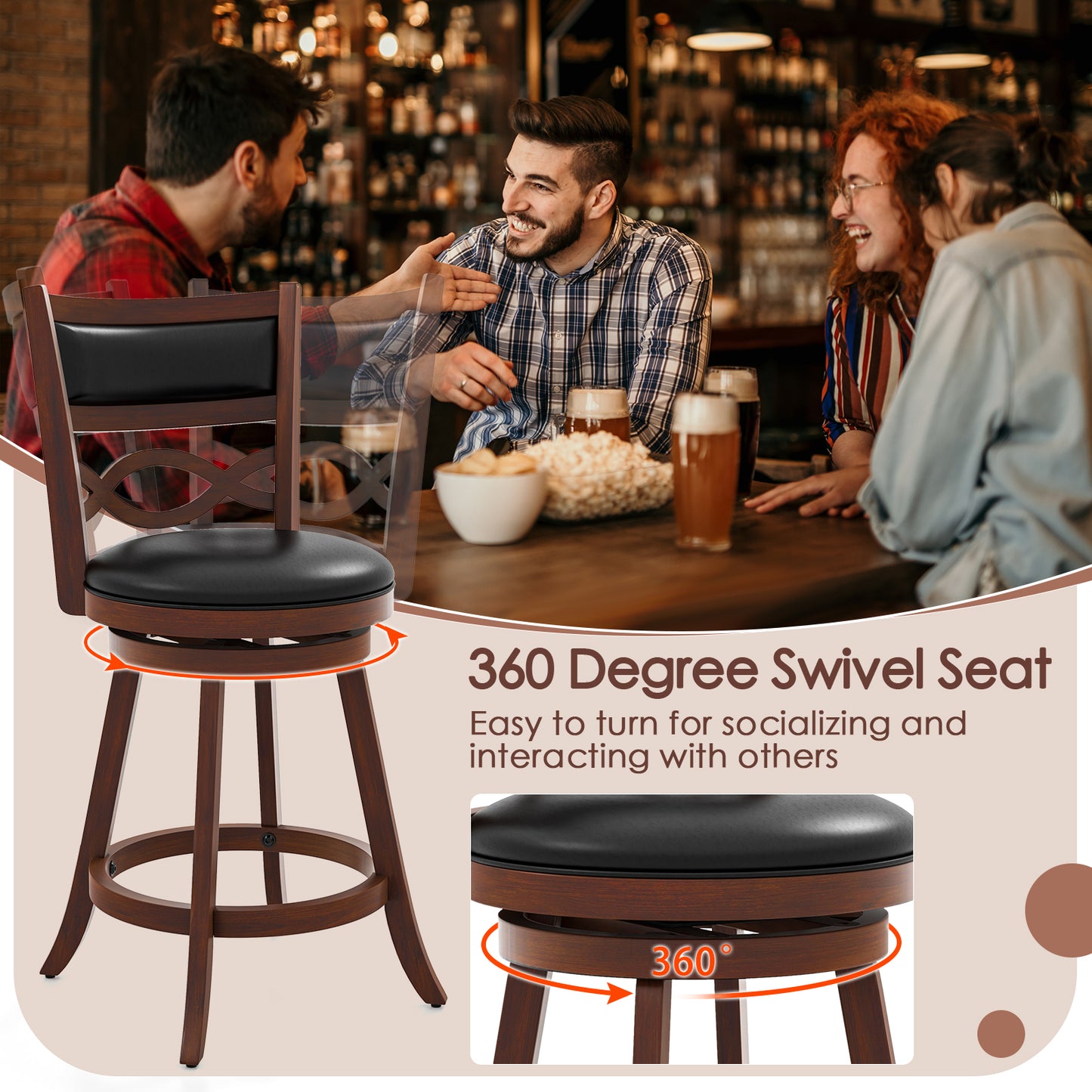 Set of 2 Bar Stools with Rubber Wood Frame and Faux Leather Upholstered Seat - 24.5 Inch Height