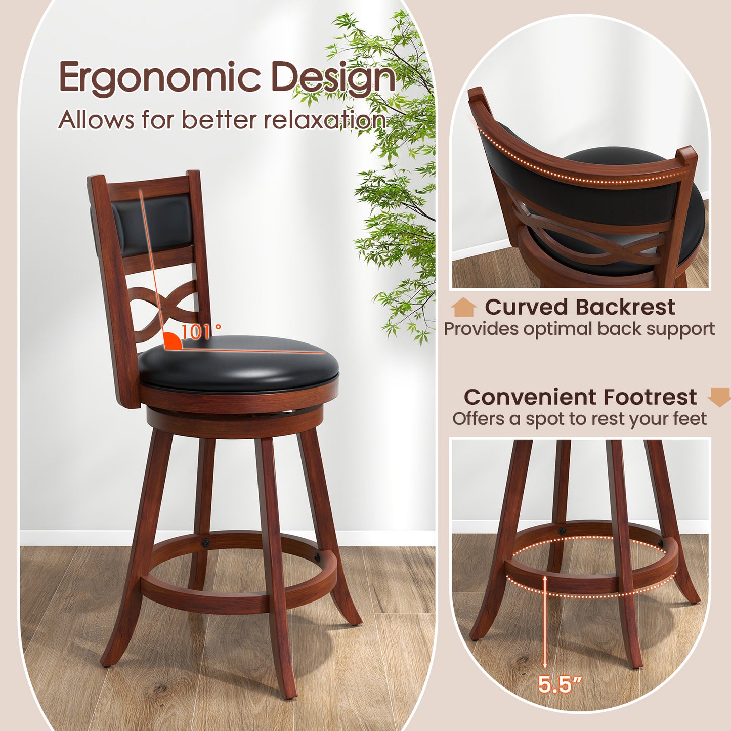 Set of 2 Bar Stools with Rubber Wood Frame and Faux Leather Upholstered Seat - 24.5 Inch Height