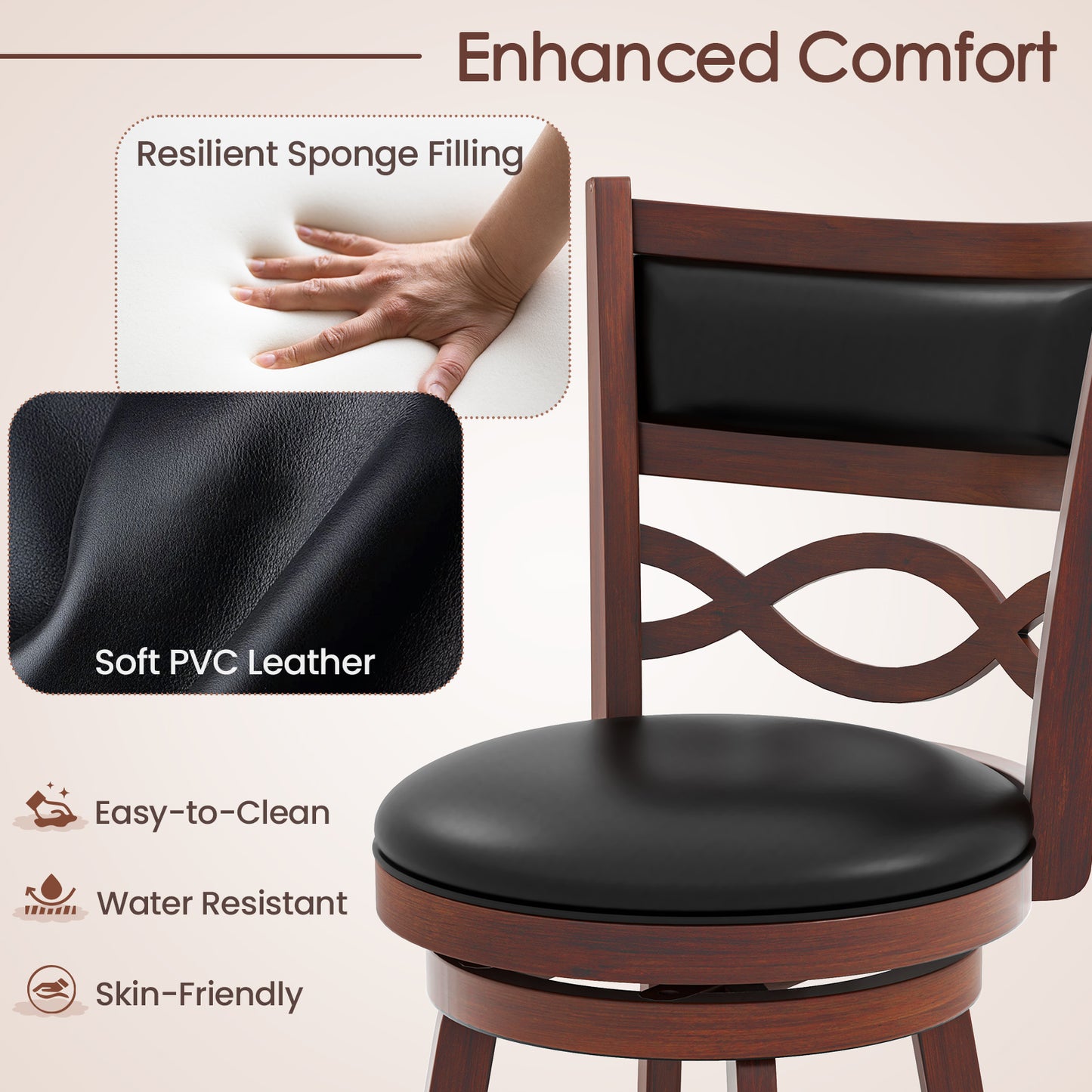 Set of 2 Bar Stools with Rubber Wood Frame and Faux Leather Upholstered Seat - 24.5 Inch Height