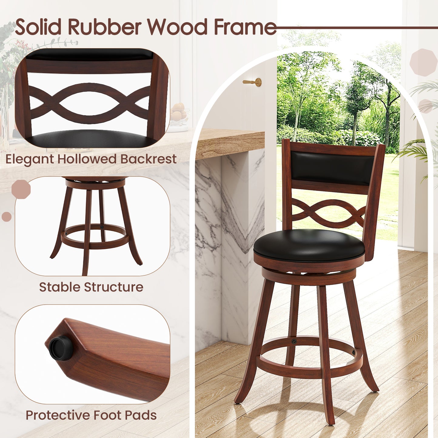 Set of 2 Bar Stools with Rubber Wood Frame and Faux Leather Upholstered Seat - 24.5 Inch Height