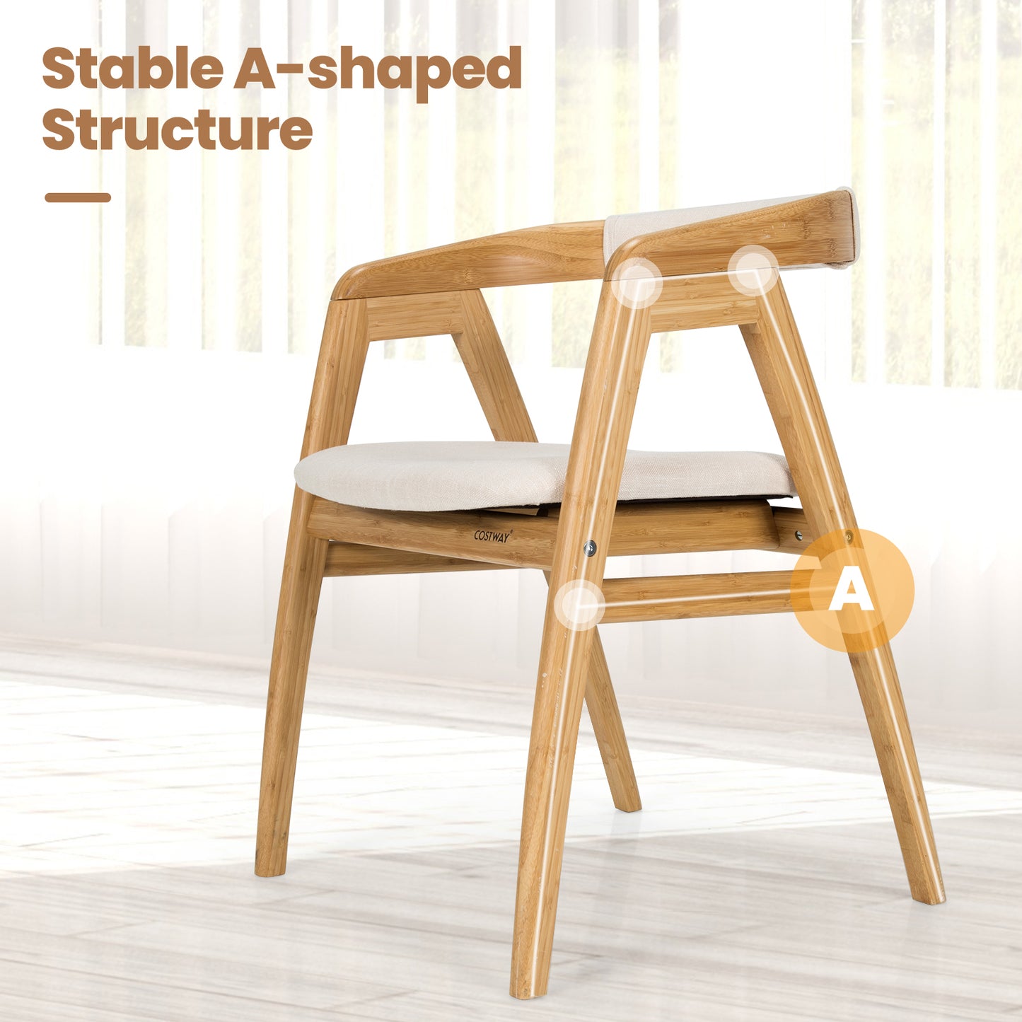 Ergonomic Bamboo Dining Chair with Curved Backrest and Non-Slip Foot Pads