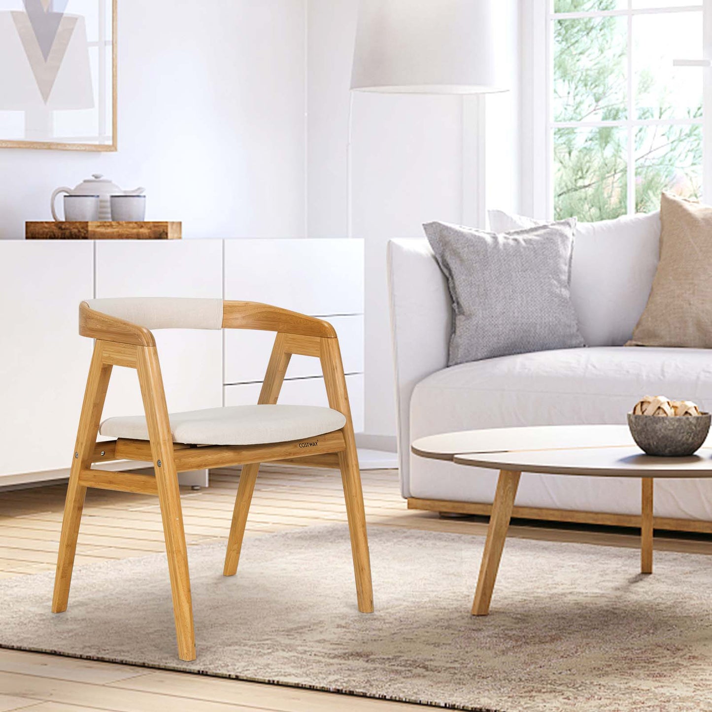 Ergonomic Bamboo Dining Chair with Curved Backrest and Non-Slip Foot Pads