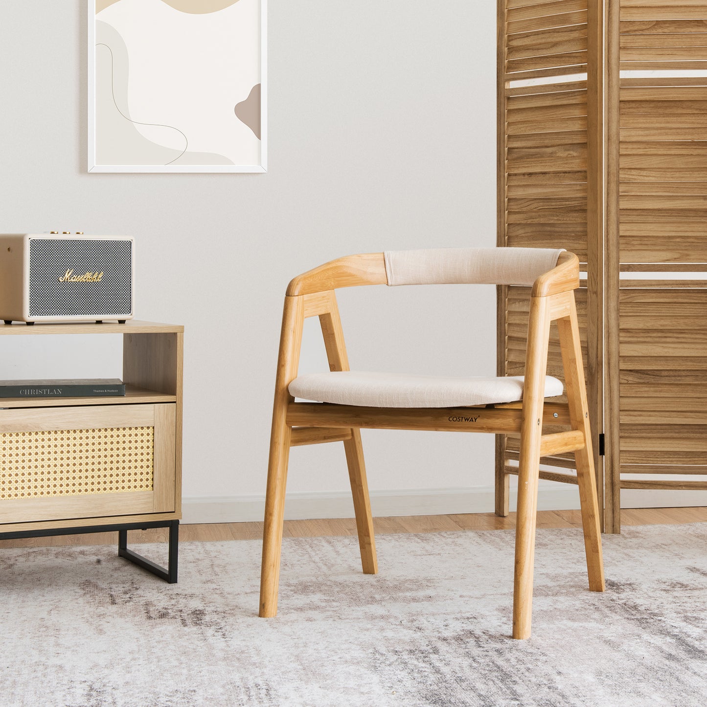 Ergonomic Bamboo Dining Chair with Curved Backrest and Non-Slip Foot Pads