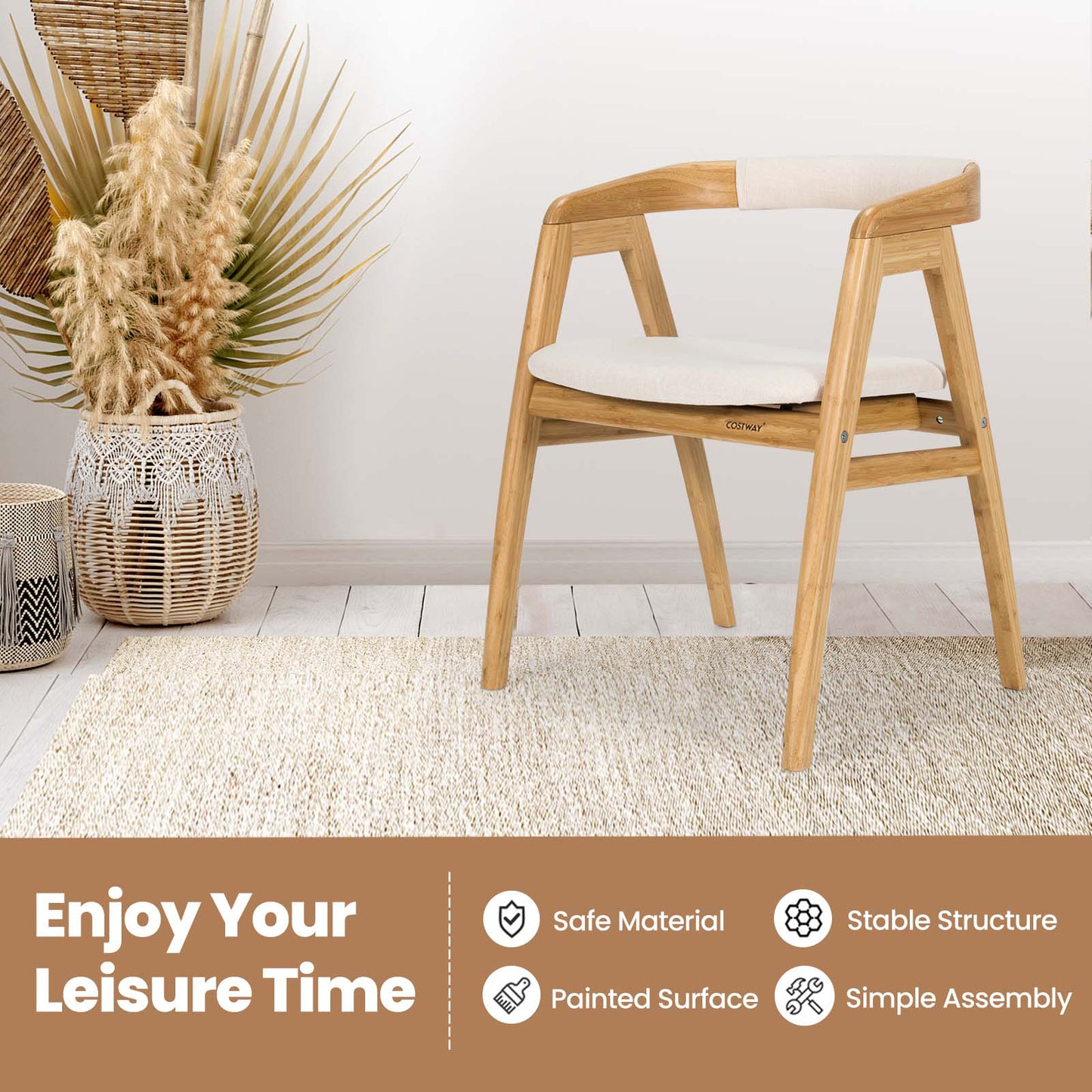 Ergonomic Bamboo Dining Chair with Curved Backrest and Non-Slip Foot Pads