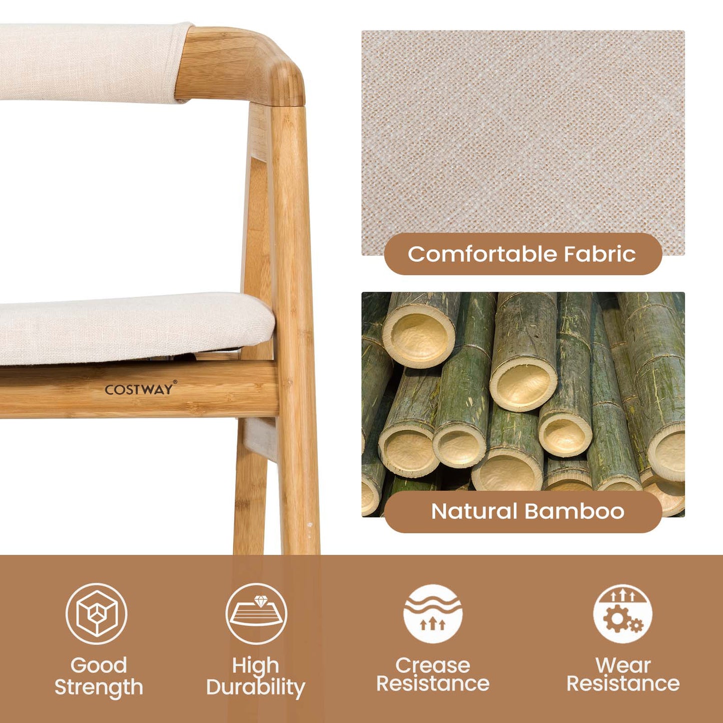 Ergonomic Bamboo Dining Chair with Curved Backrest and Non-Slip Foot Pads