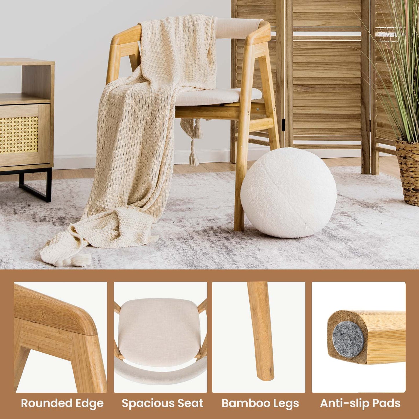 Ergonomic Bamboo Dining Chair with Curved Backrest and Non-Slip Foot Pads