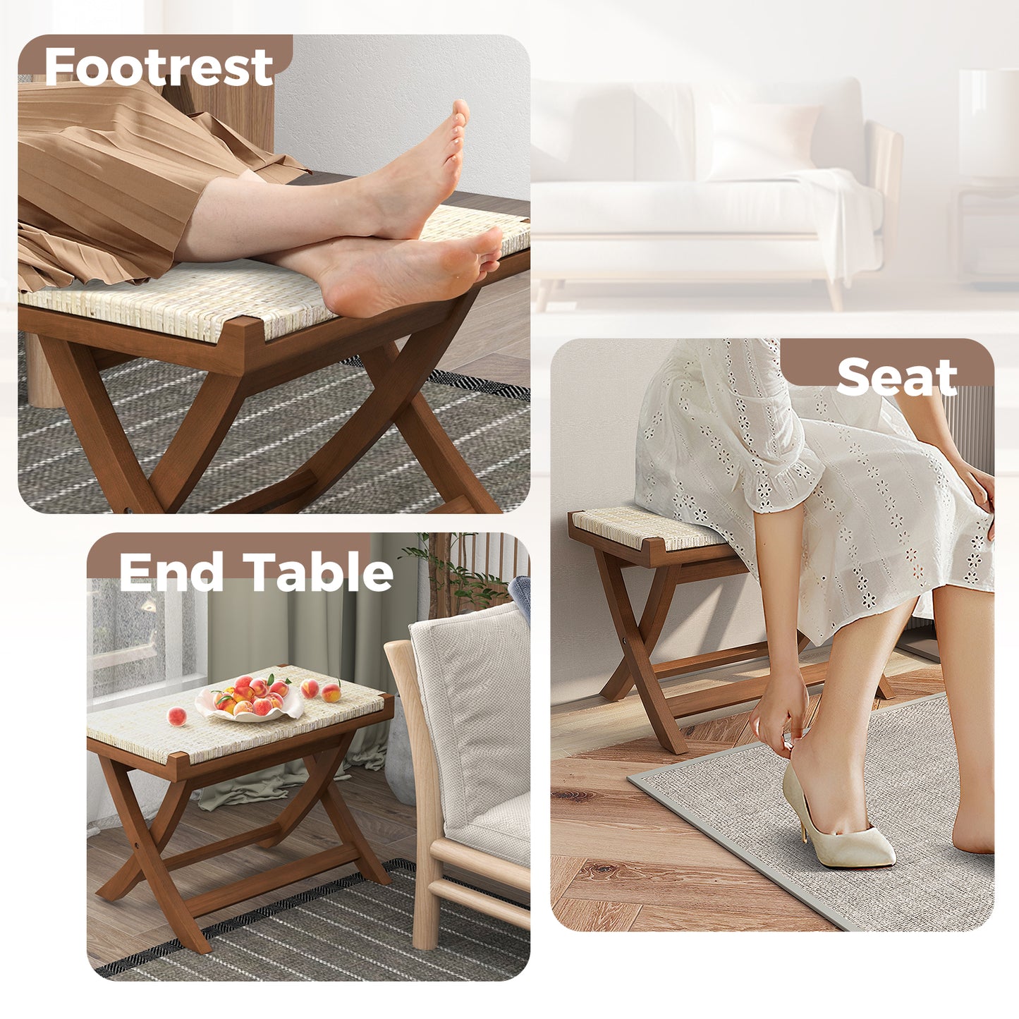 Folding Teak Wood Ottoman with Handwoven Natural Rattan Seat for Indoor Use