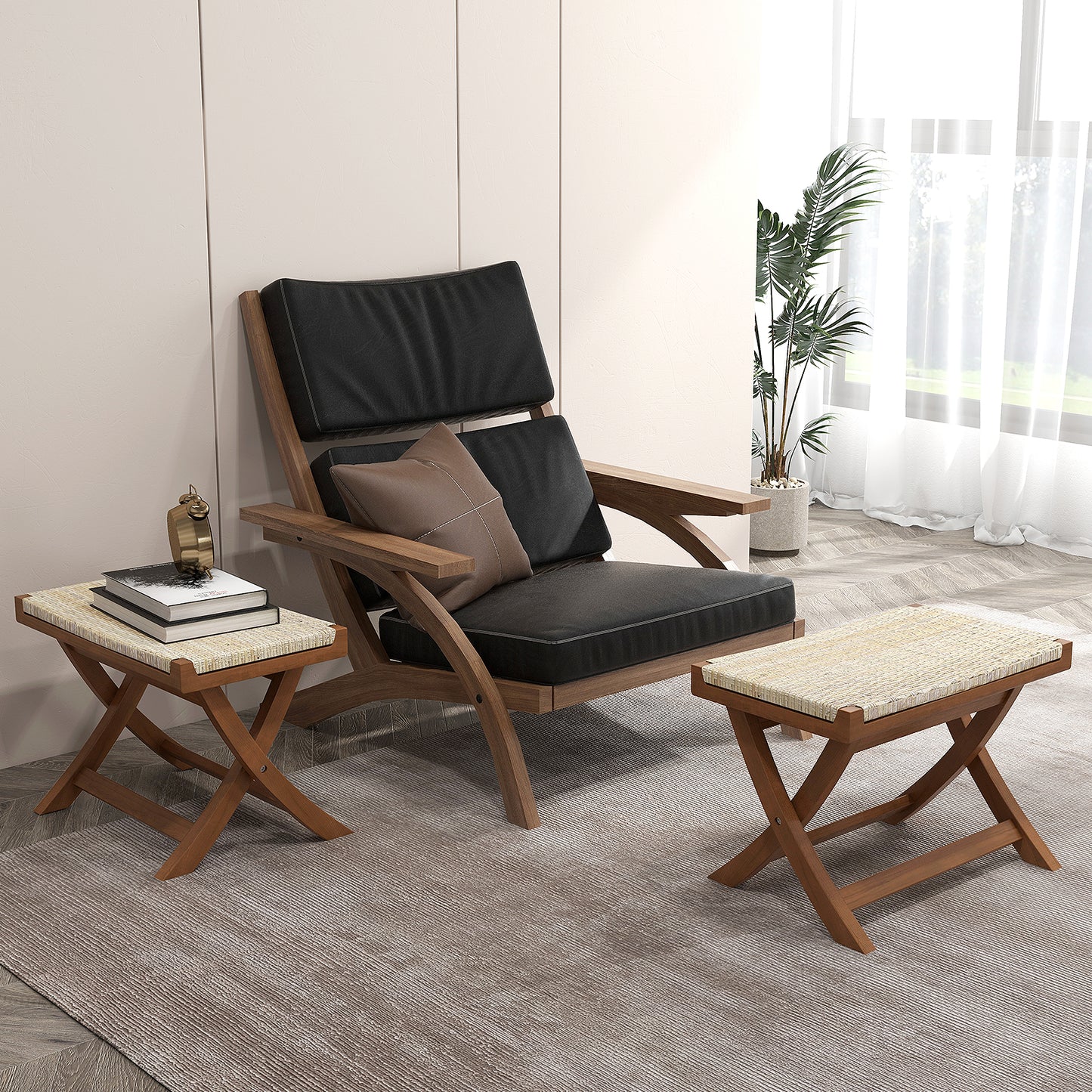 Folding Teak Wood Ottoman with Handwoven Natural Rattan Seat for Indoor Use