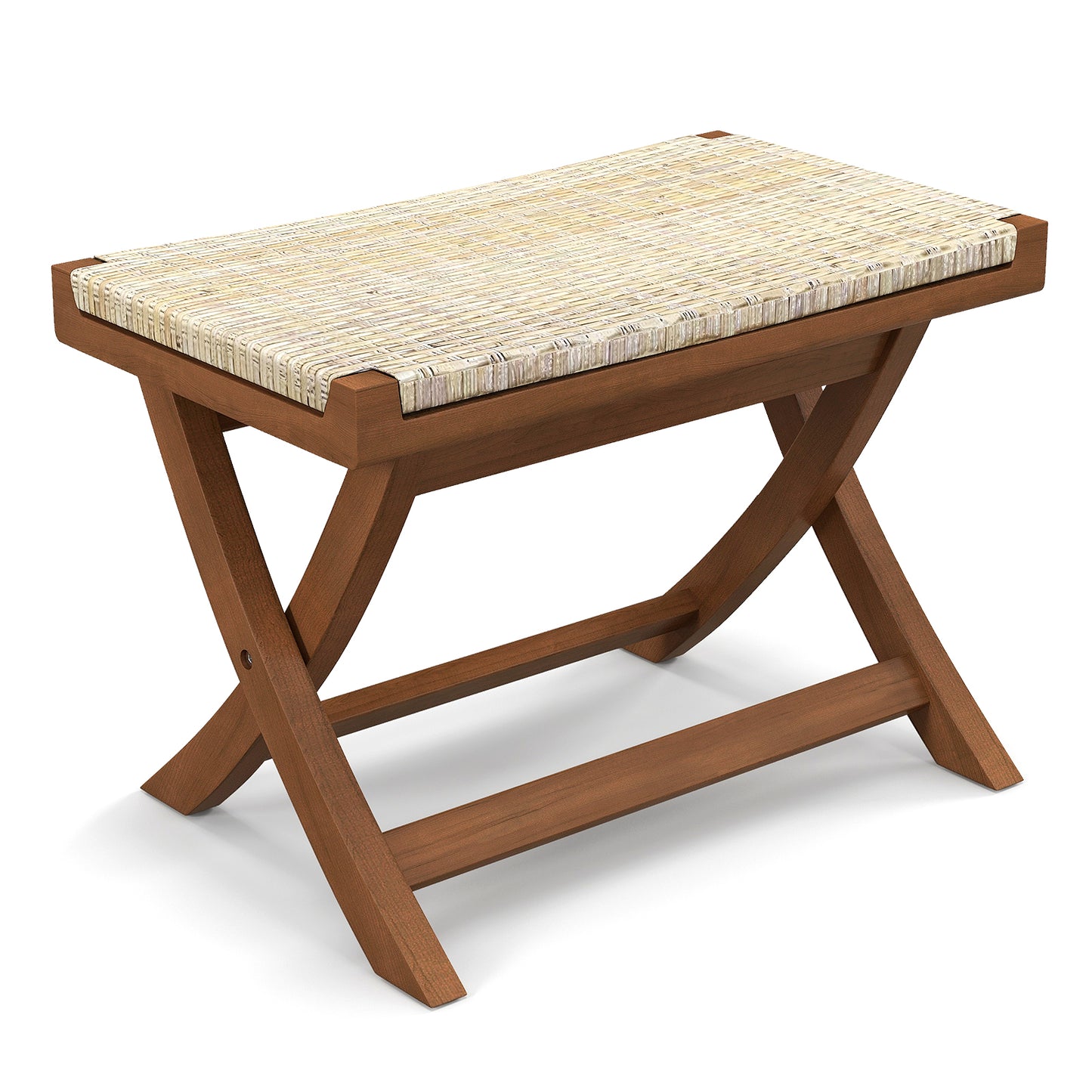 Folding Teak Wood Ottoman with Handwoven Natural Rattan Seat for Indoor Use