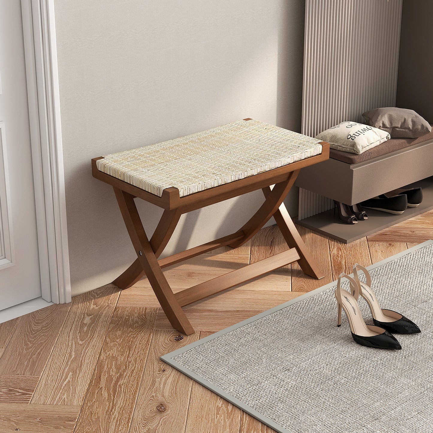 Folding Teak Wood Ottoman with Handwoven Natural Rattan Seat for Indoor Use