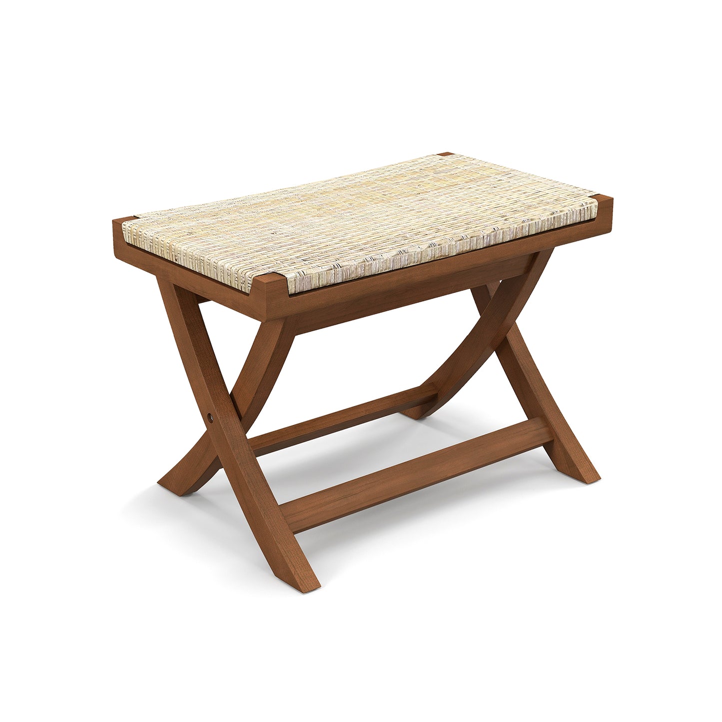 Folding Teak Wood Ottoman with Handwoven Natural Rattan Seat for Indoor Use