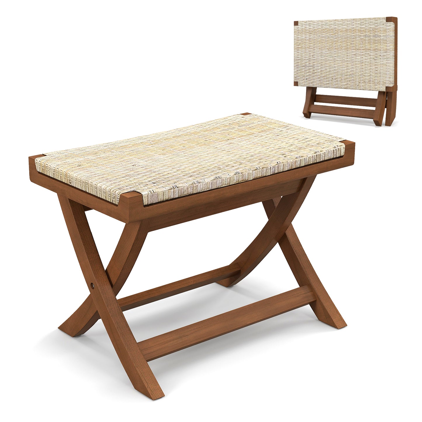 Folding Teak Wood Ottoman with Handwoven Natural Rattan Seat for Indoor Use