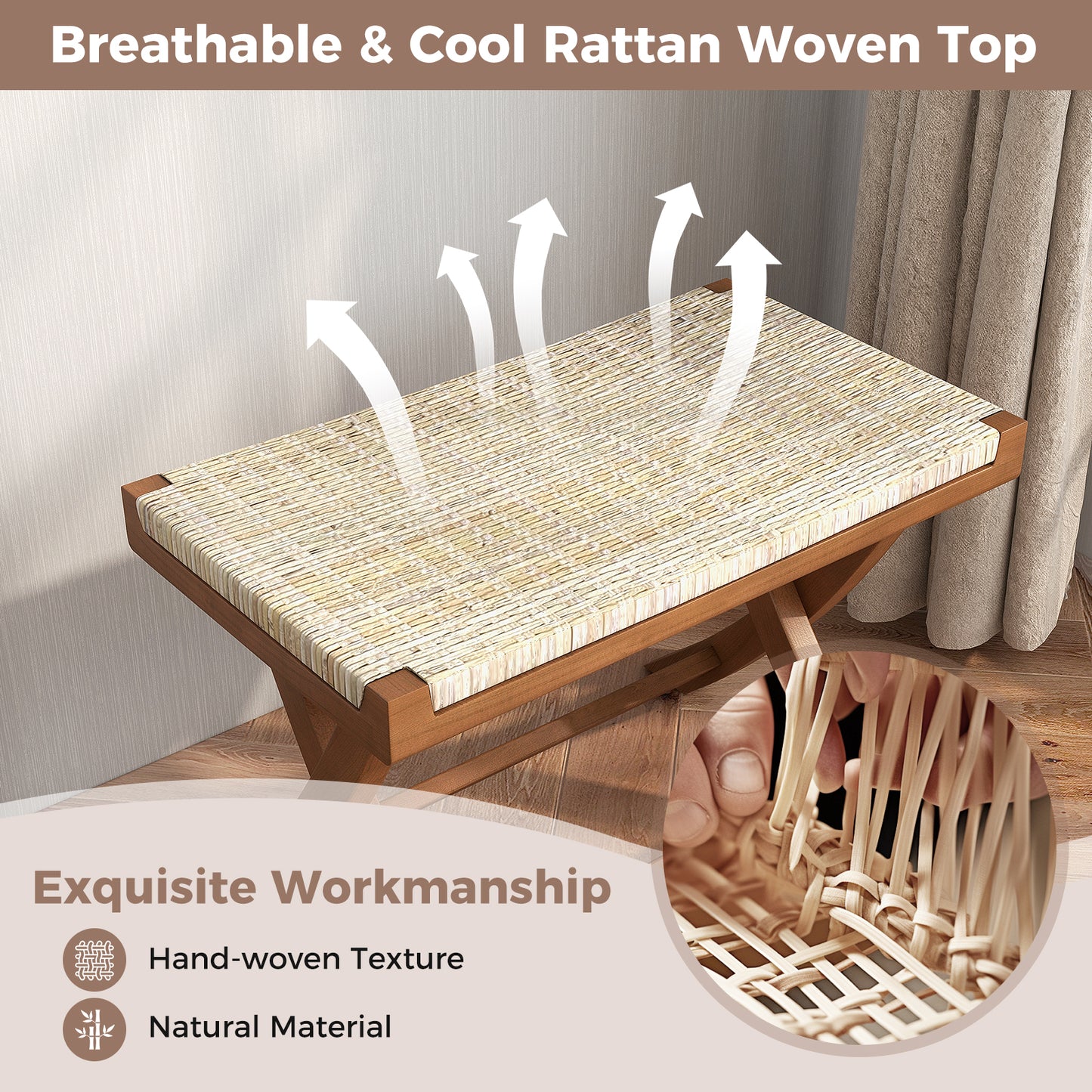 Folding Teak Wood Ottoman with Handwoven Natural Rattan Seat for Indoor Use