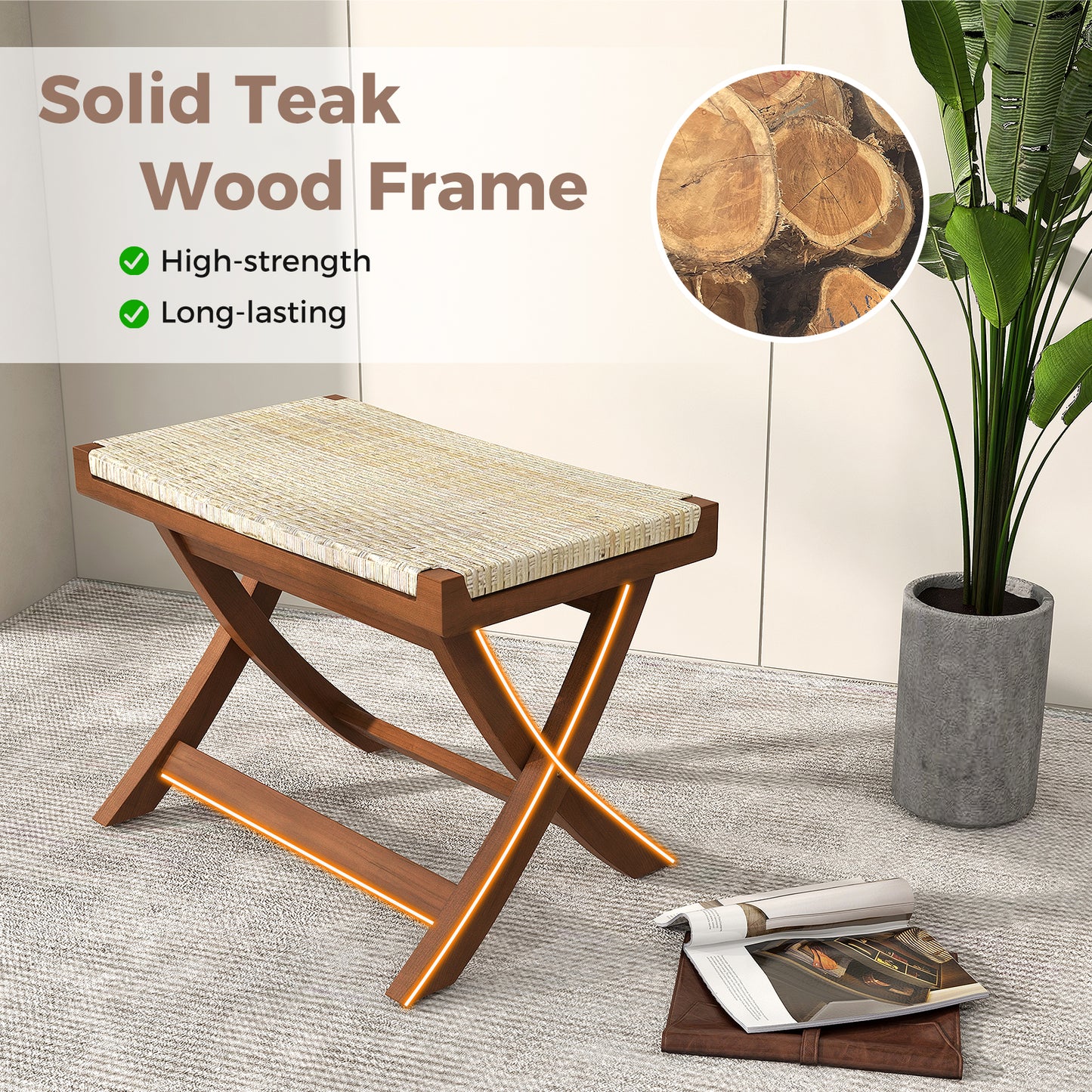 Folding Teak Wood Ottoman with Handwoven Natural Rattan Seat for Indoor Use