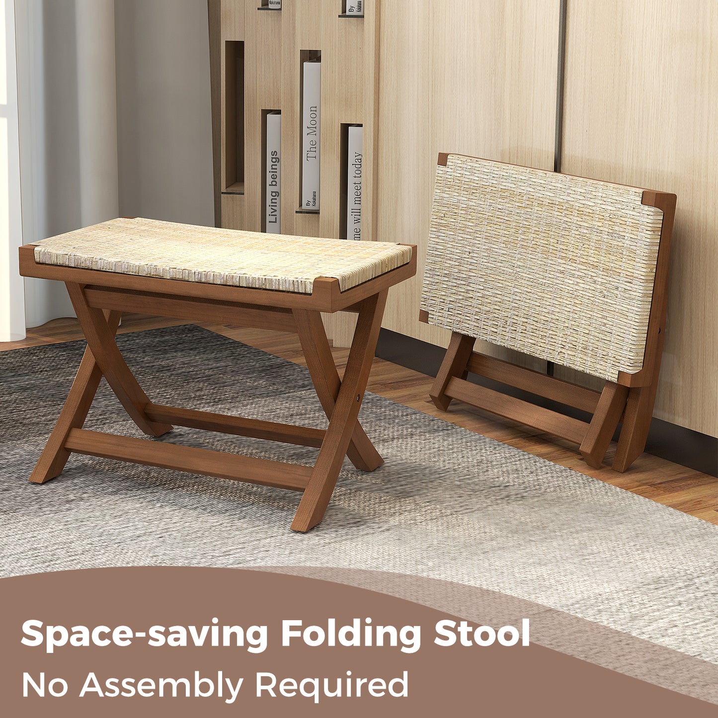 Folding Teak Wood Ottoman with Handwoven Natural Rattan Seat for Indoor Use