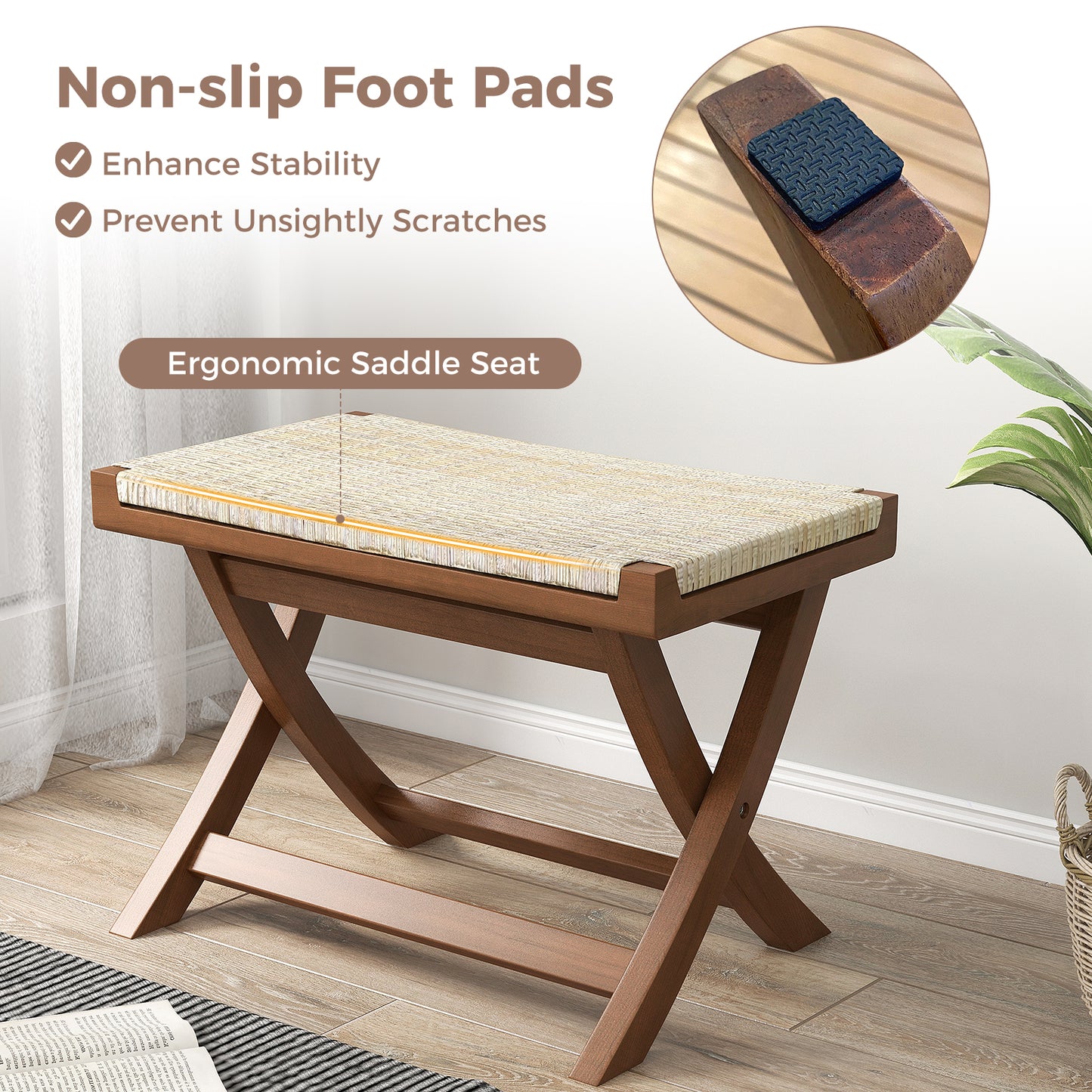 Folding Teak Wood Ottoman with Handwoven Natural Rattan Seat for Indoor Use
