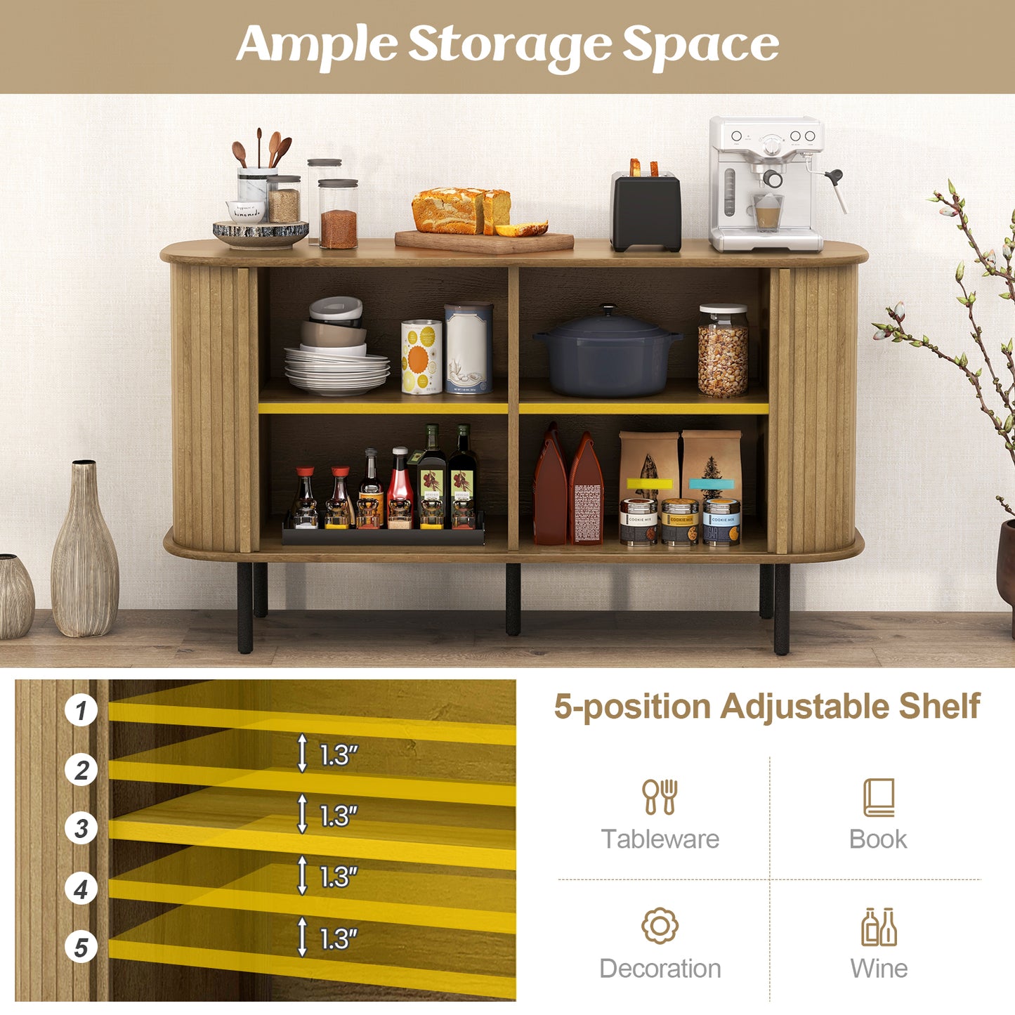 47" Modern Sideboard Buffet Cabinet with Adjustable Shelves for Kitchen Dining Living Entryway Storage