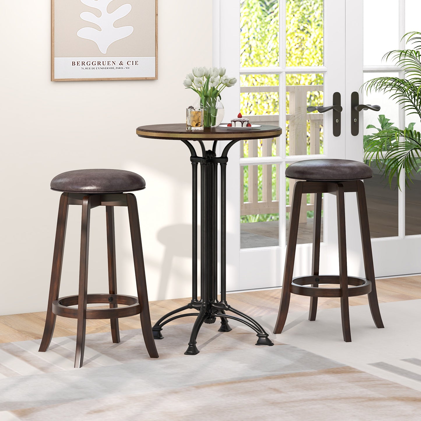 360° Swivel Upholstered PU Leather Bar Stool Set of 2 with Round Seat – 29 Inch
