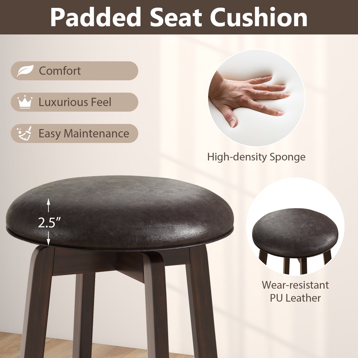 360° Swivel Upholstered PU Leather Bar Stool Set of 2 with Round Seat – 29 Inch