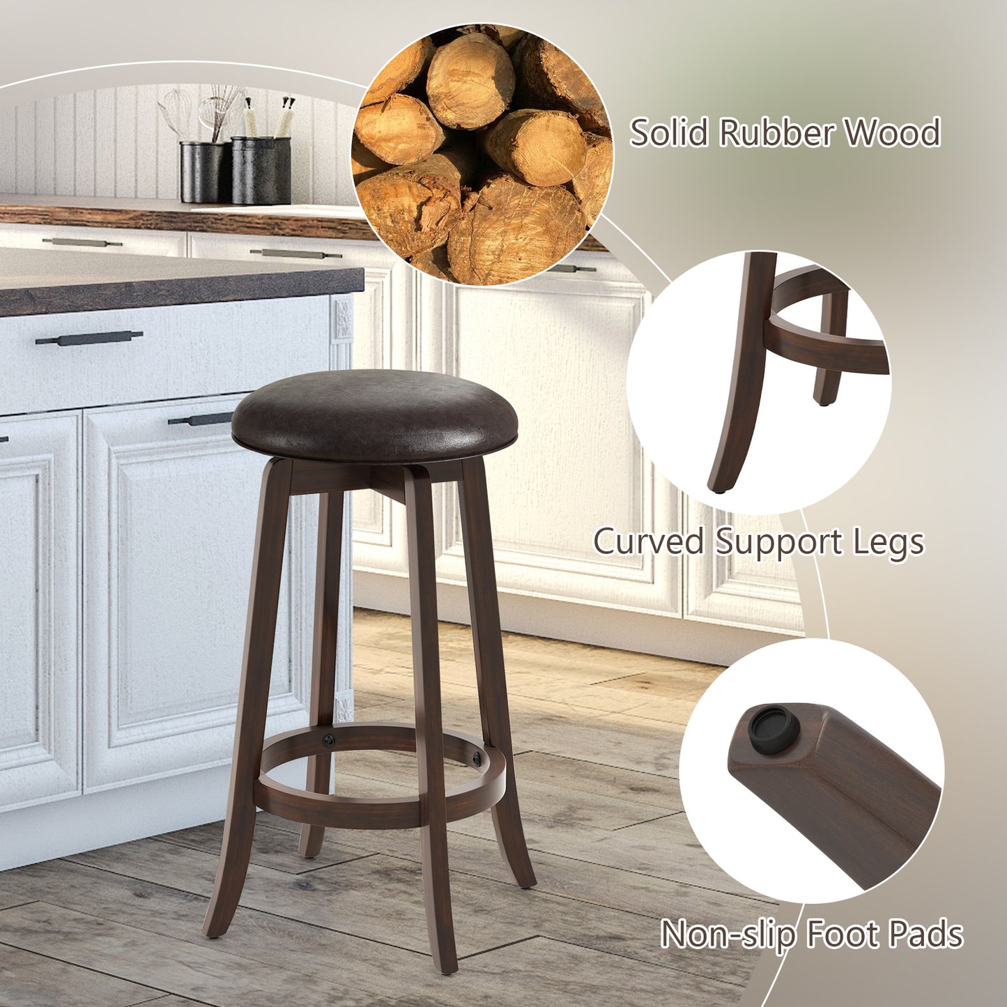 360° Swivel Upholstered PU Leather Bar Stool Set of 2 with Round Seat – 29 Inch
