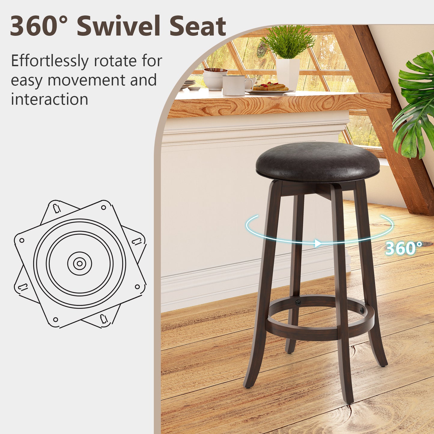 360° Swivel Upholstered PU Leather Bar Stool Set of 2 with Round Seat – 29 Inch