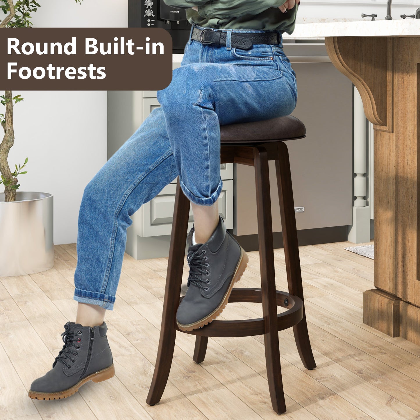 360° Swivel Upholstered PU Leather Bar Stool Set of 2 with Round Seat – 29 Inch