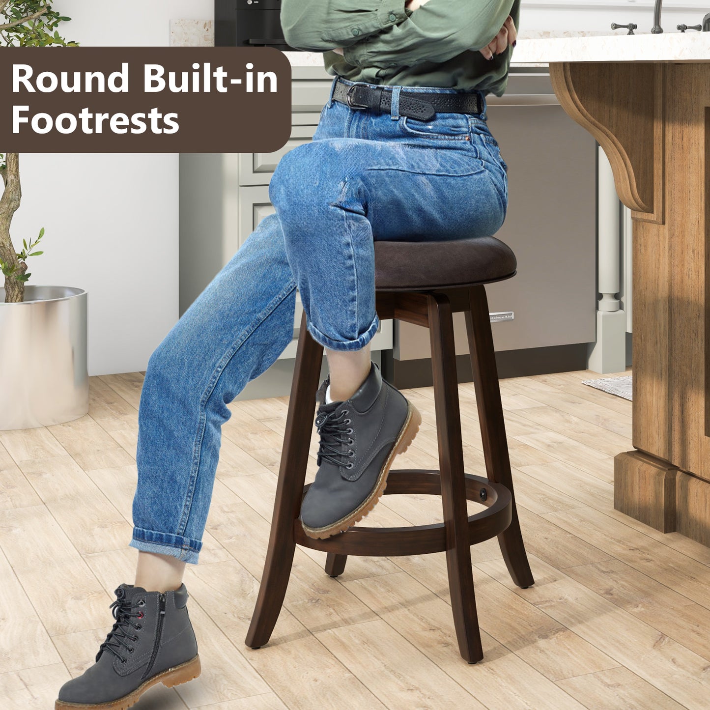 360° Swivel Upholstered PU Leather Bar Stool Set of 2 with Round Seat – 24 Inch