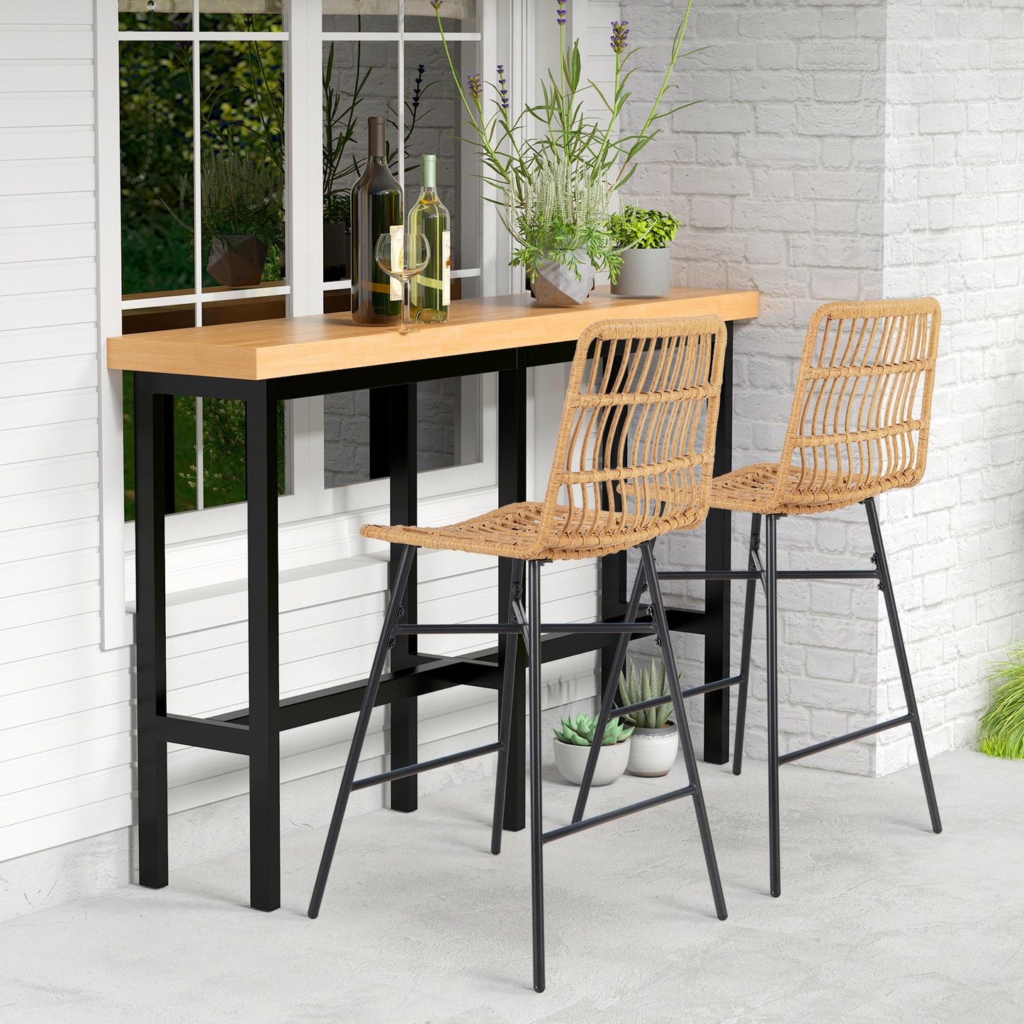 Rattan Bar Stools Set of 2 with Breathable Wicker Seats and Footrests for Indoor Outdoor Use