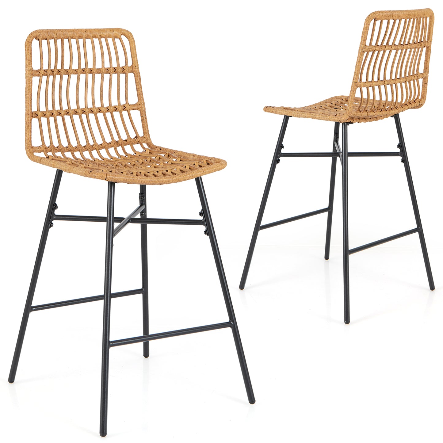 Rattan Bar Stools Set of 2 with Breathable Wicker Seats and Footrests for Indoor Outdoor Use