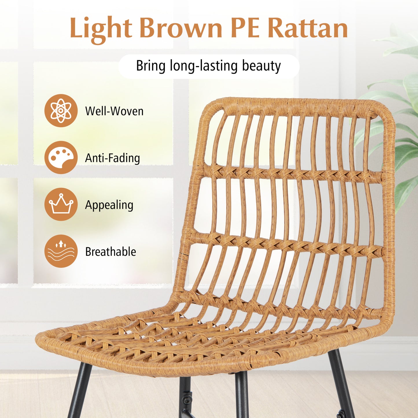Rattan Bar Stools Set of 2 with Breathable Wicker Seats and Footrests for Indoor Outdoor Use