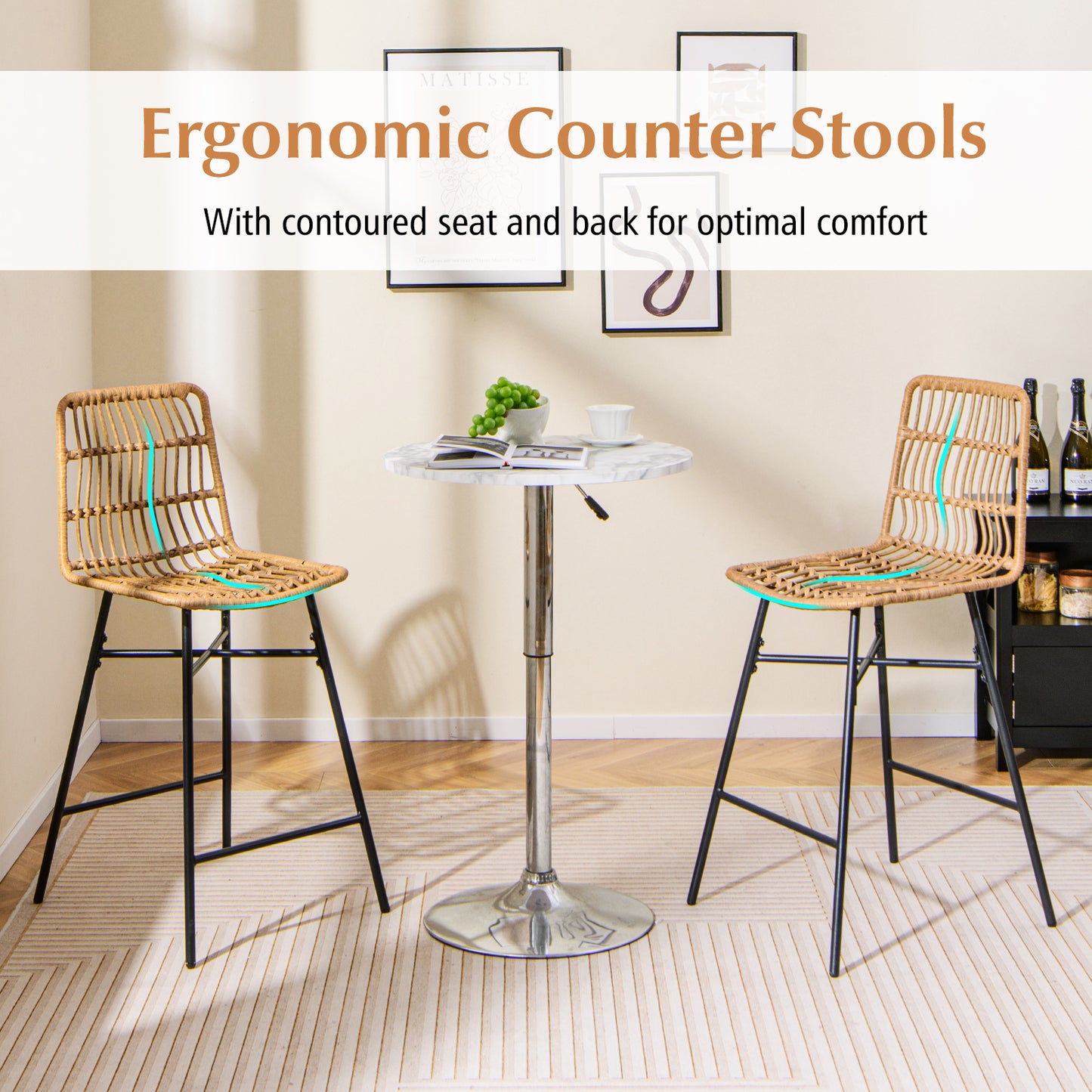 Rattan Bar Stools Set of 2 with Breathable Wicker Seats and Footrests for Indoor Outdoor Use