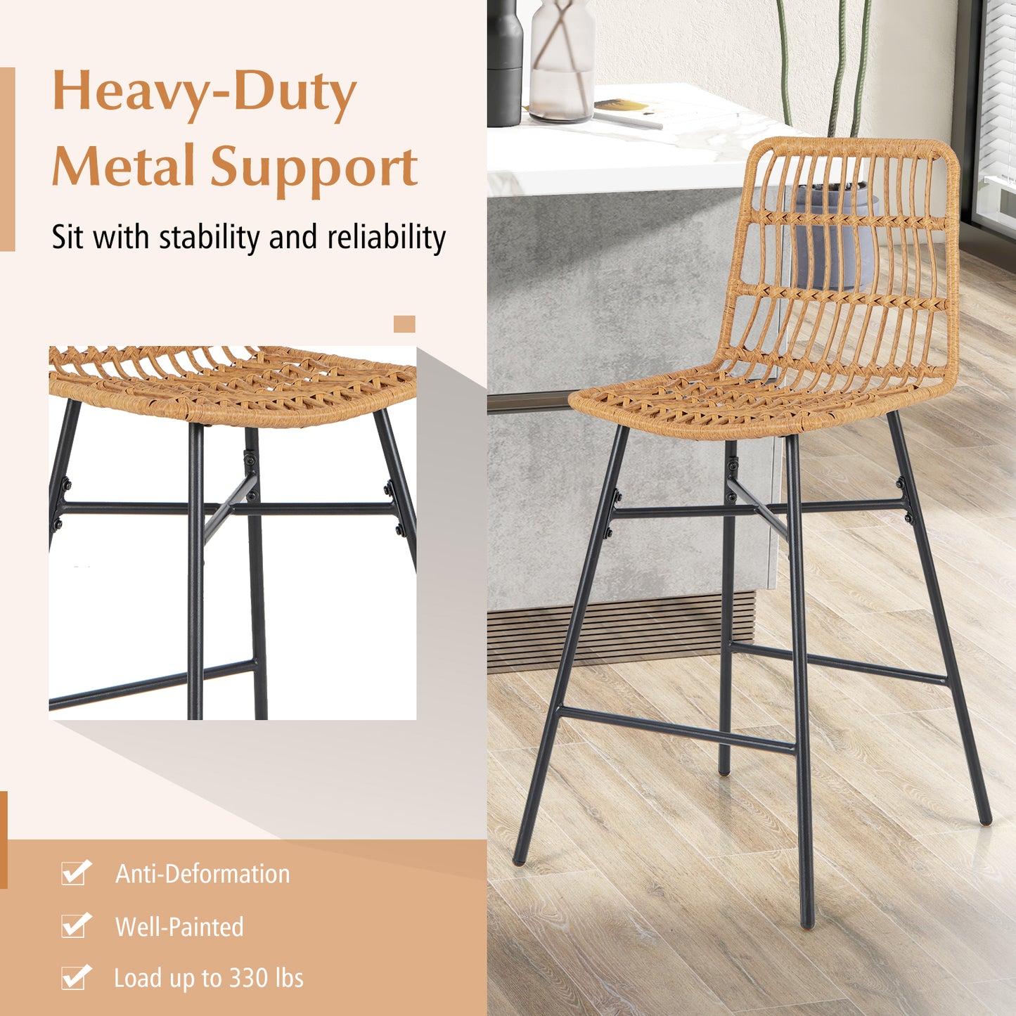 Rattan Bar Stools Set of 2 with Breathable Wicker Seats and Footrests for Indoor Outdoor Use