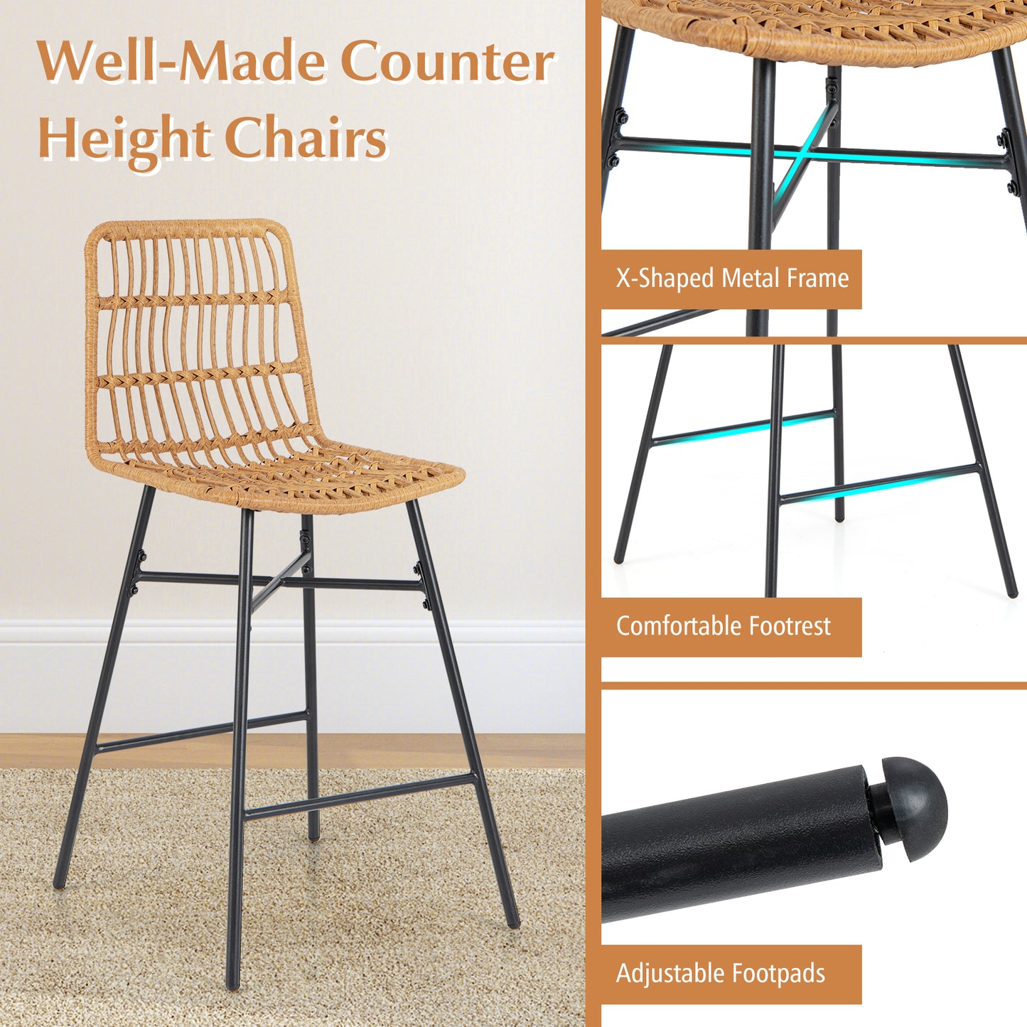 Rattan Bar Stools Set of 2 with Breathable Wicker Seats and Footrests for Indoor Outdoor Use