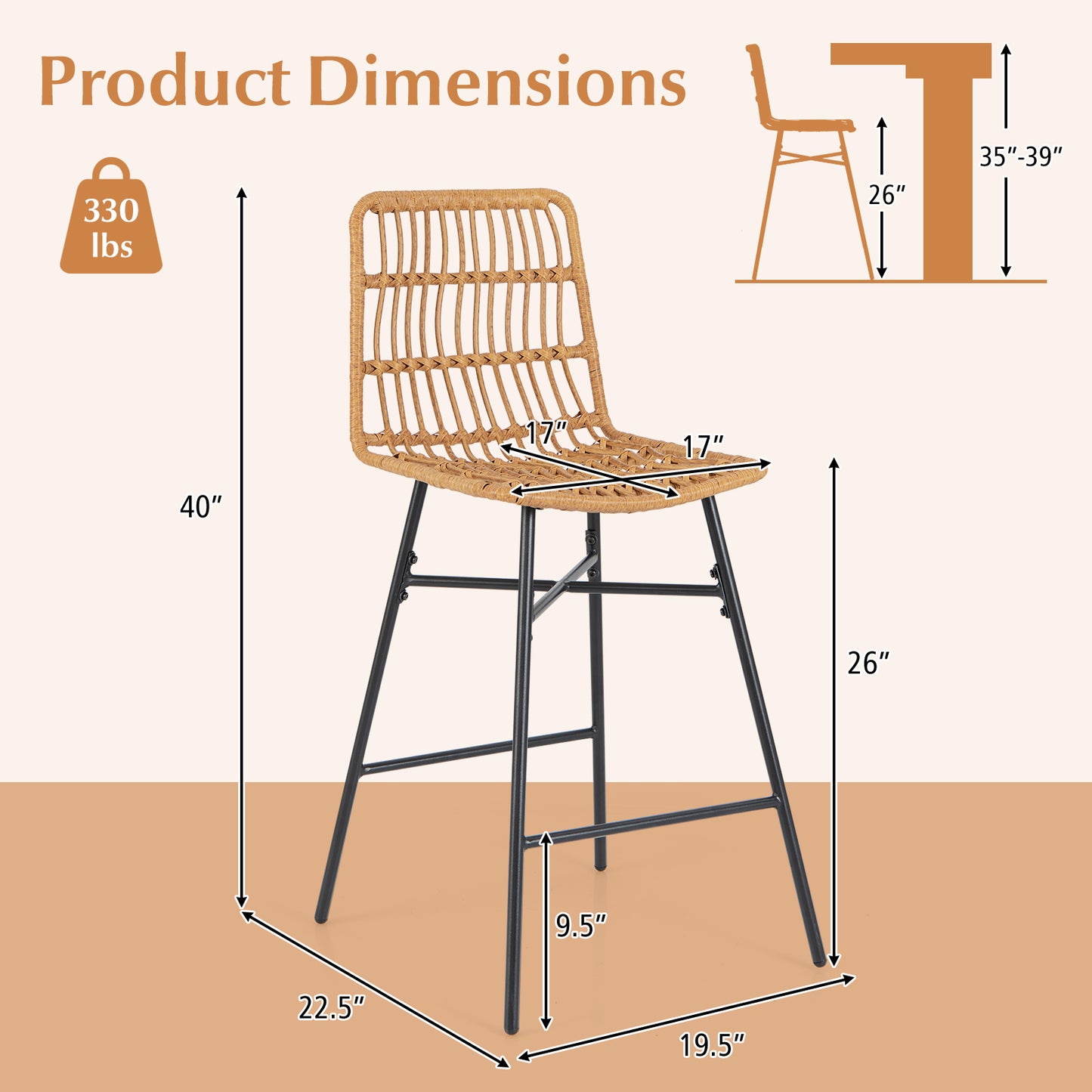 Rattan Bar Stools Set of 2 with Breathable Wicker Seats and Footrests for Indoor Outdoor Use