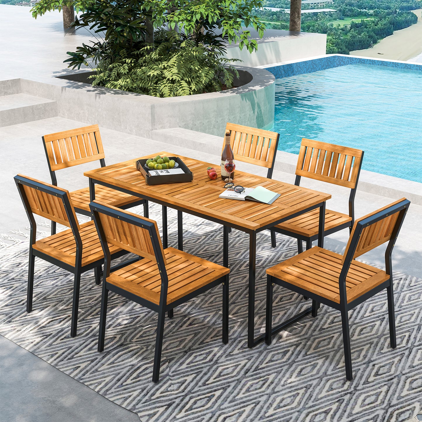 55 Inch Acacia Wood Outdoor Dining Table for 6 with Slatted Top and Umbrella Hole