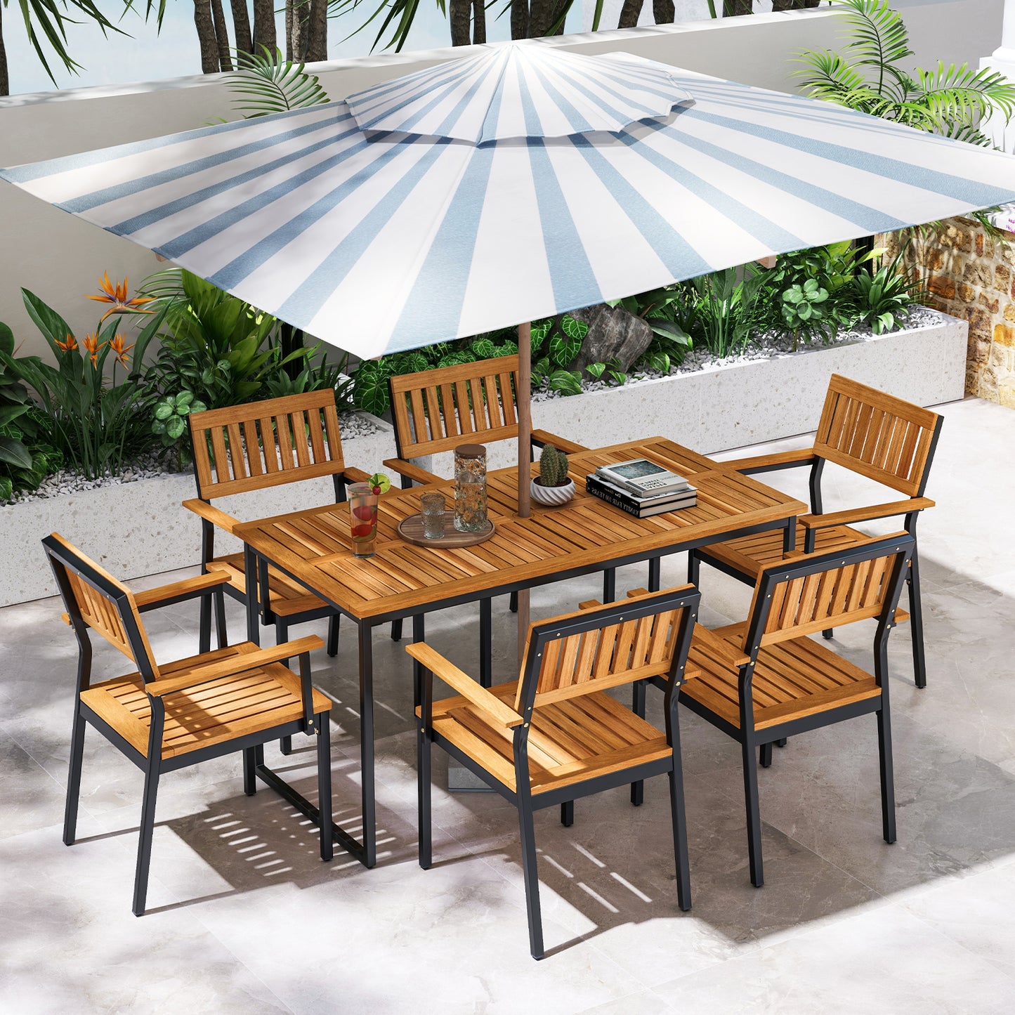55 Inch Acacia Wood Outdoor Dining Table for 6 with Slatted Top and Umbrella Hole